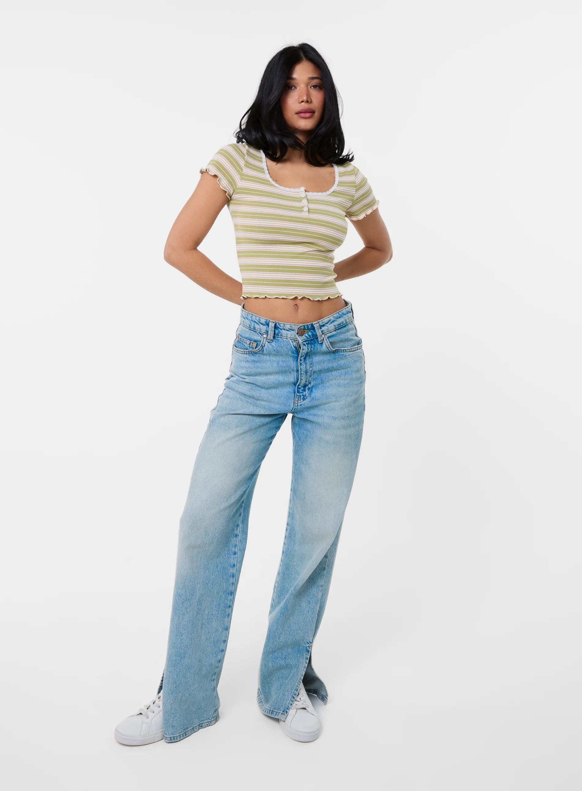 Cap Sleeve Stripe Lace Trim Top - Image 3