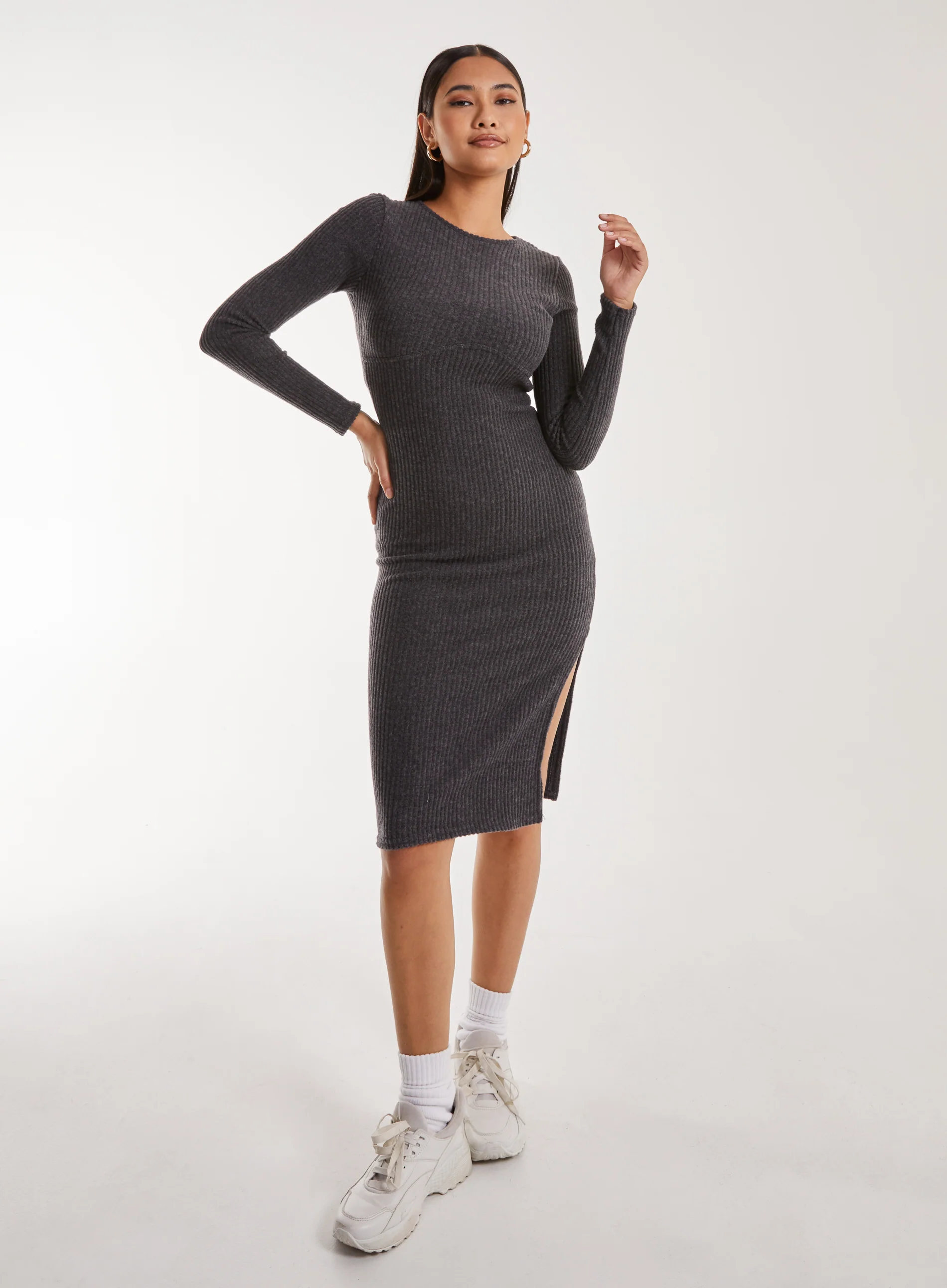 Soft Brushed Rib Long Sleeve Midi Dress - Image 3