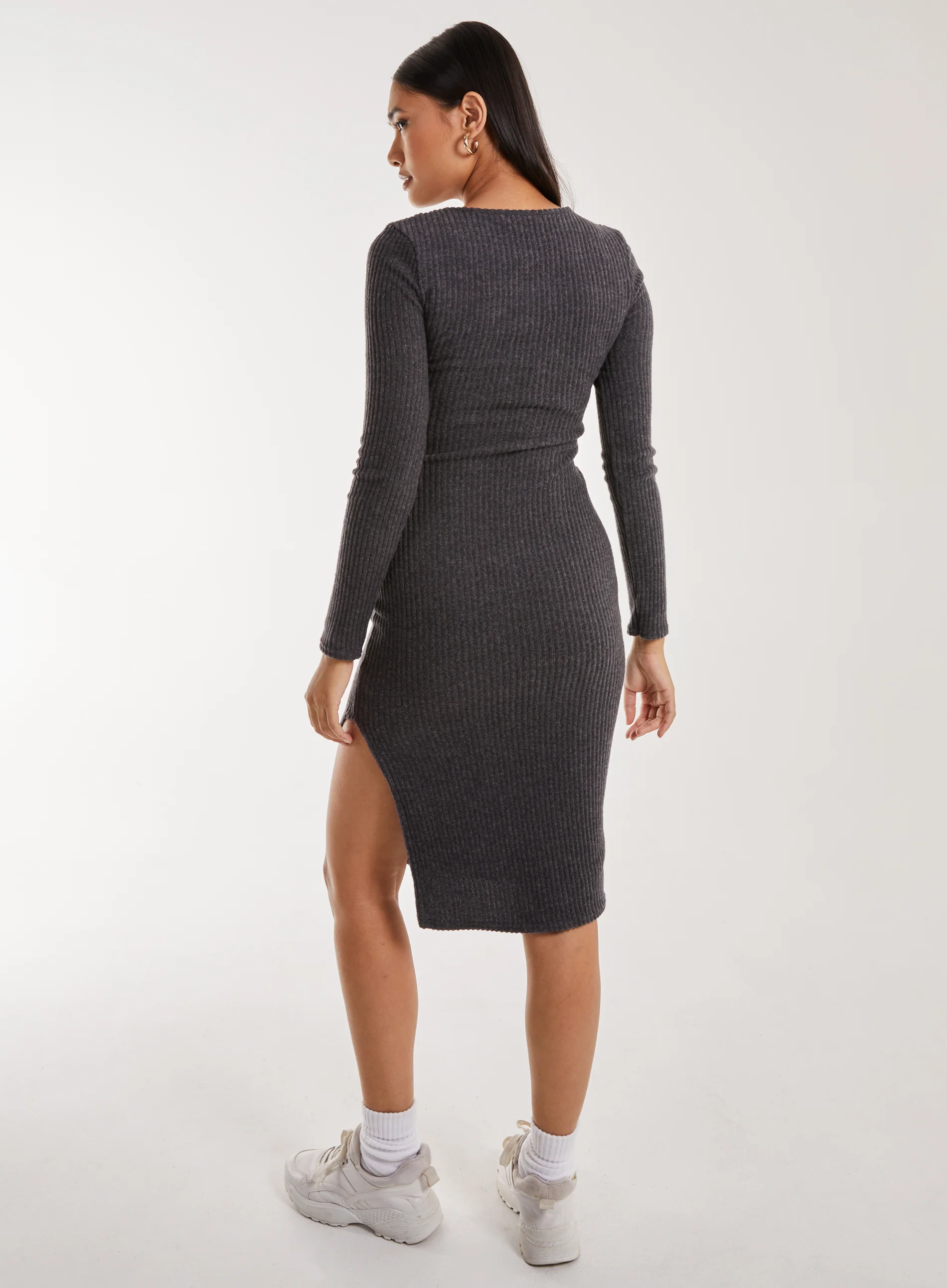 Soft Brushed Rib Long Sleeve Midi Dress - Image 4