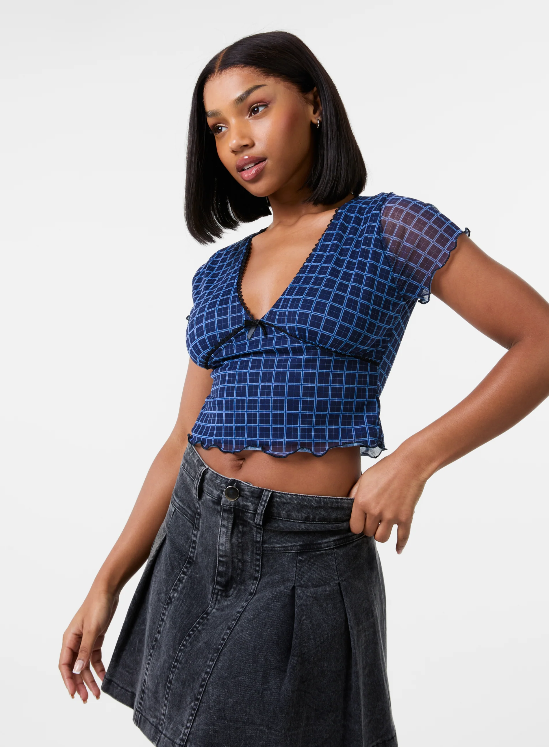 Check Cap Sleeve Crop Top - Image 3