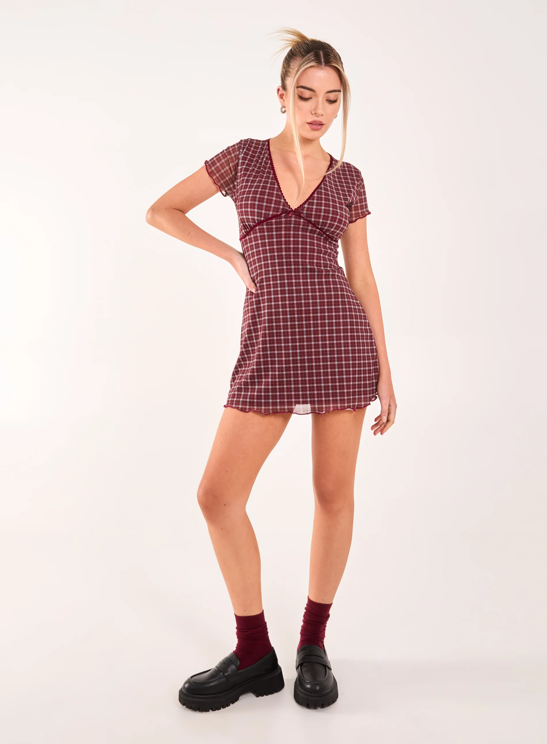 Check Cap Sleeve Mini Dress - Image 2