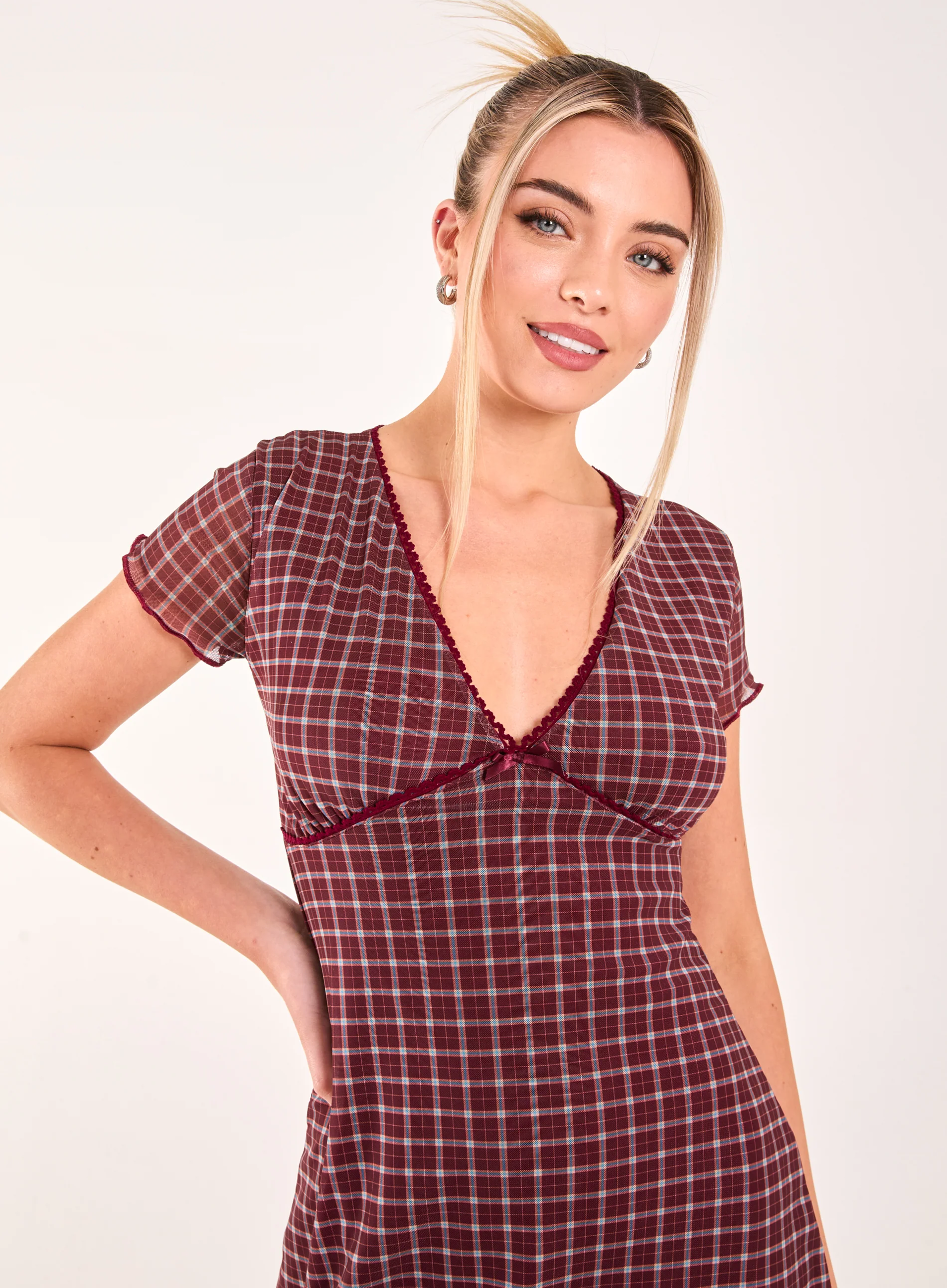 Check Cap Sleeve Mini Dress - Image 3