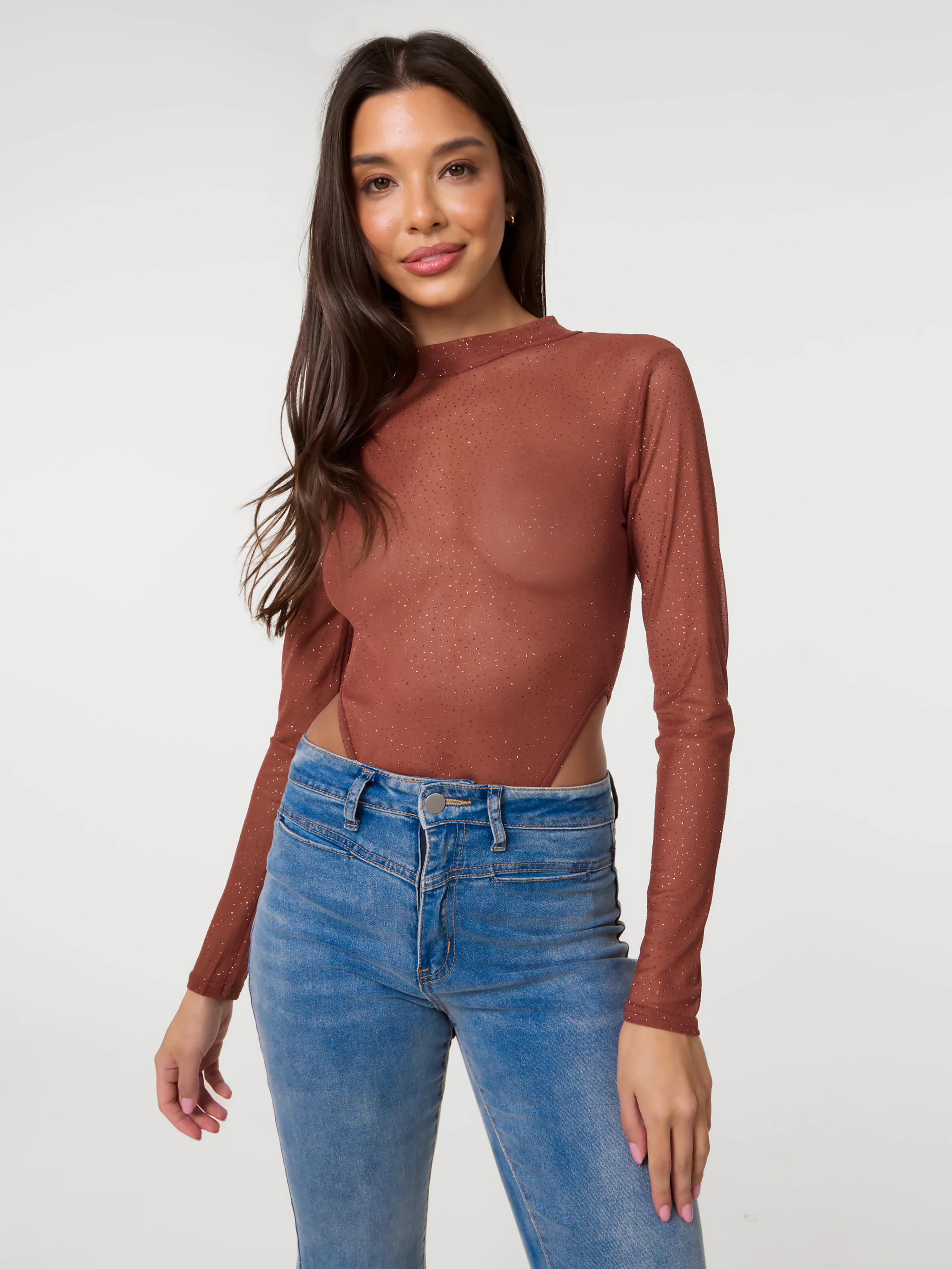 Glitter Long Sleeve Mesh Bodysuit