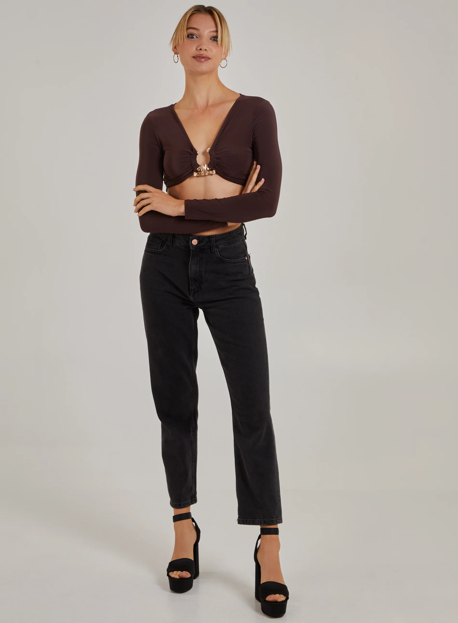 Gold Trim Slinky Long Sleeve Top - Image 2