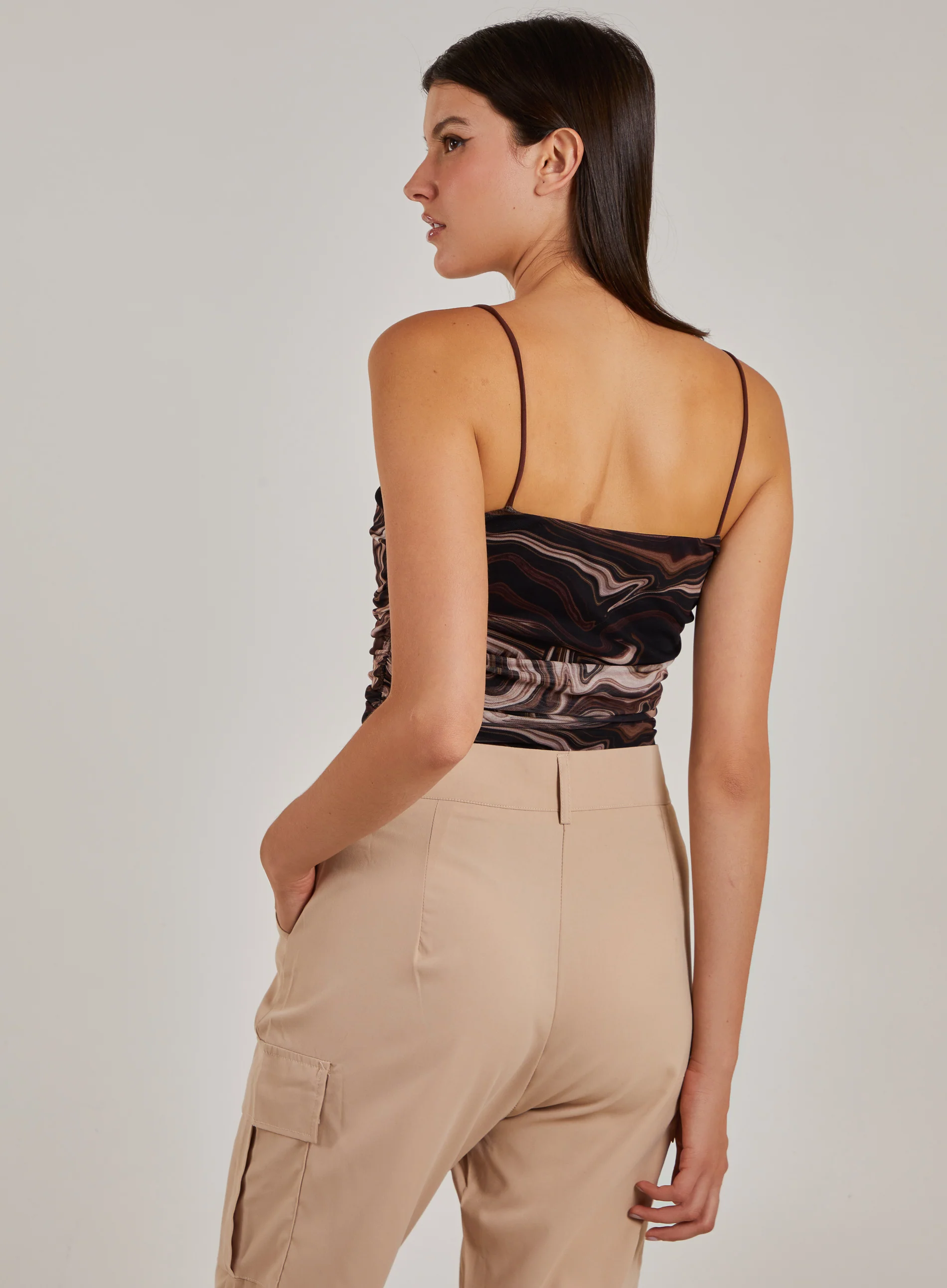 Mesh Marble Ruched Cami Strap Bodysuit - Image 5