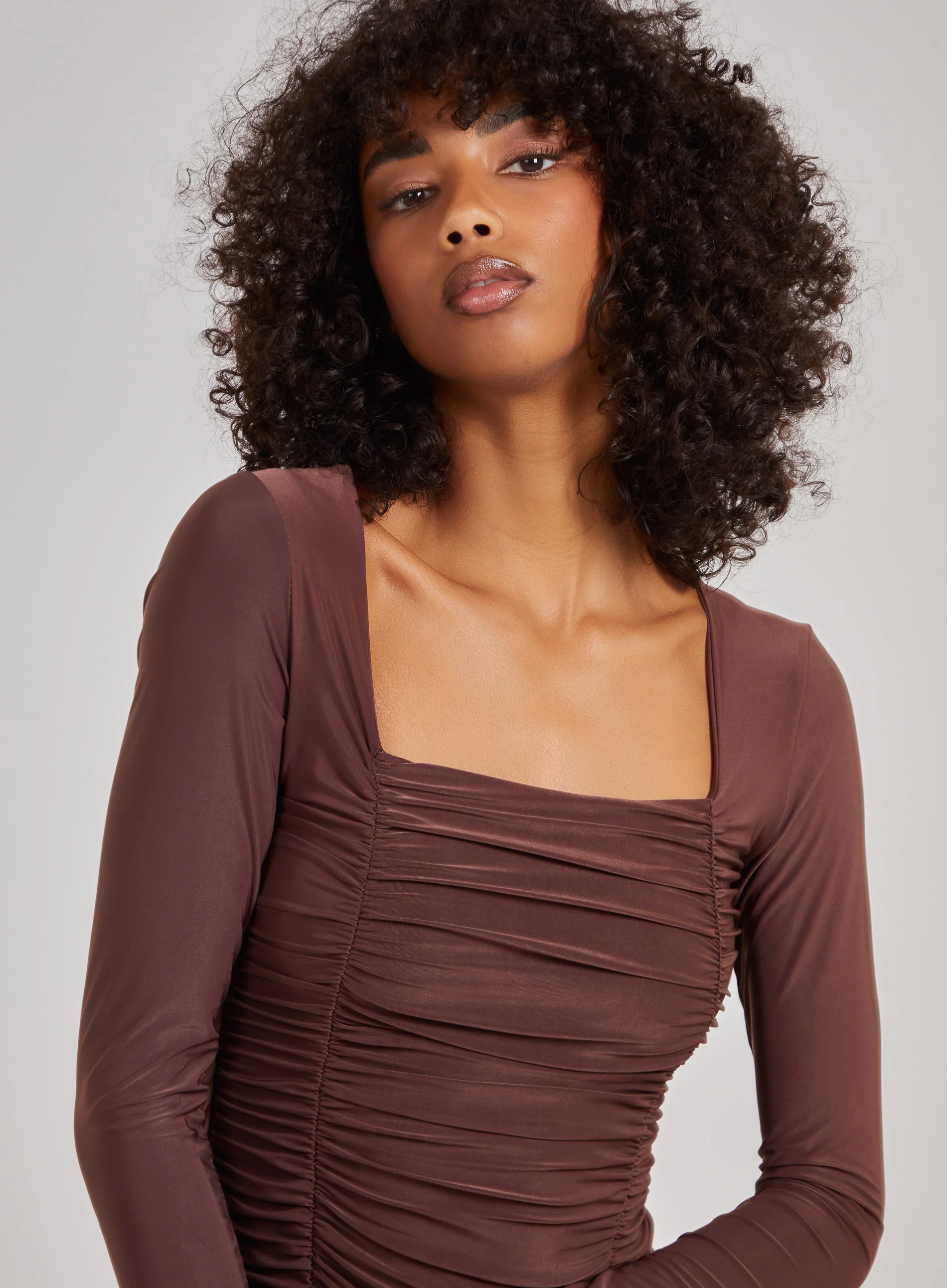Square Neck Long Sleeve Gathered Mini Dress - Image 4