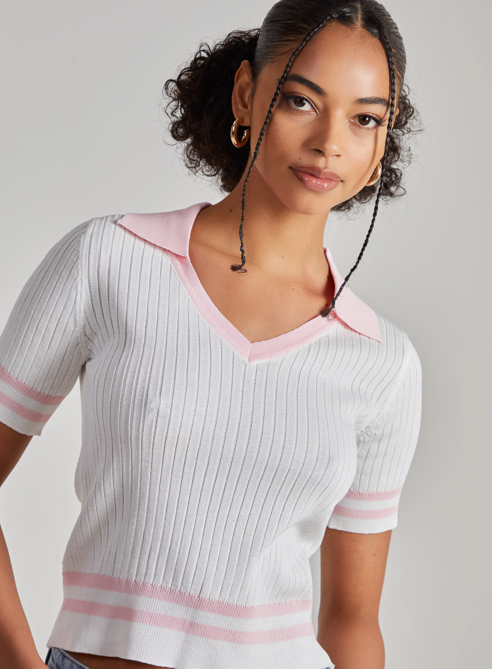 Collared Sports Stripe Knitted Top - Image 3