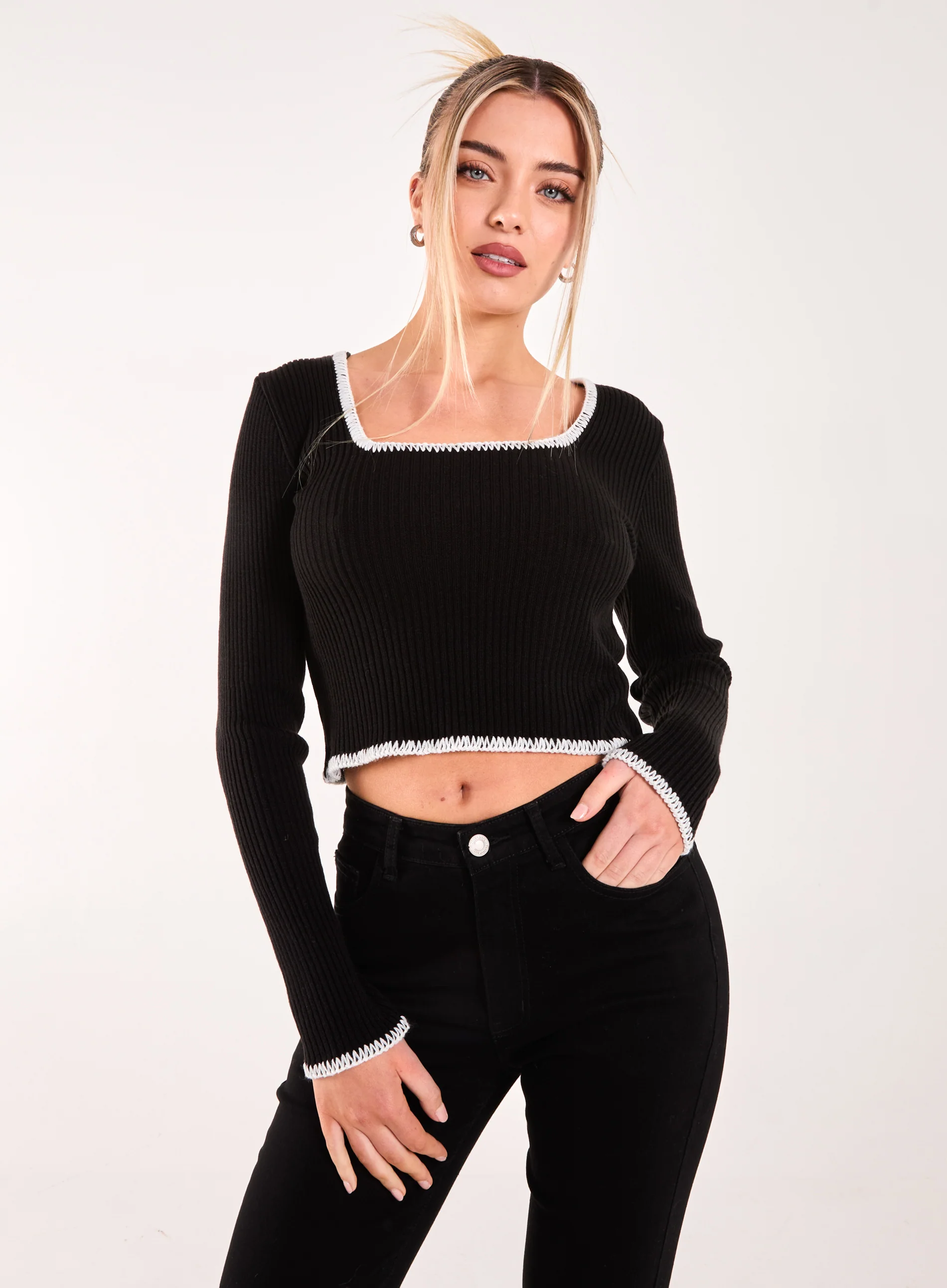 Contrast Stitch Long Sleeve Knit Top