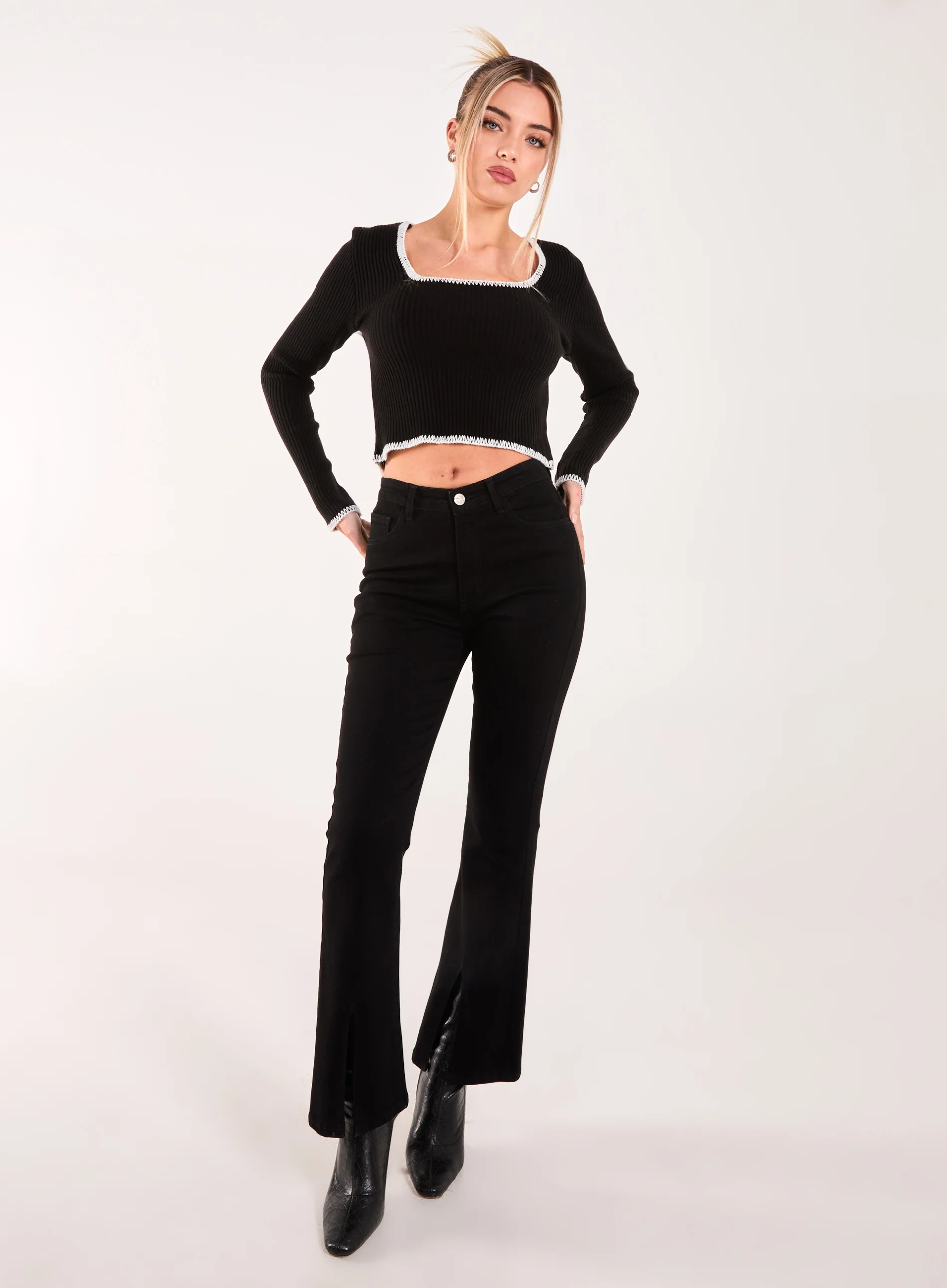 Contrast Stitch Long Sleeve Knit Top - Image 2