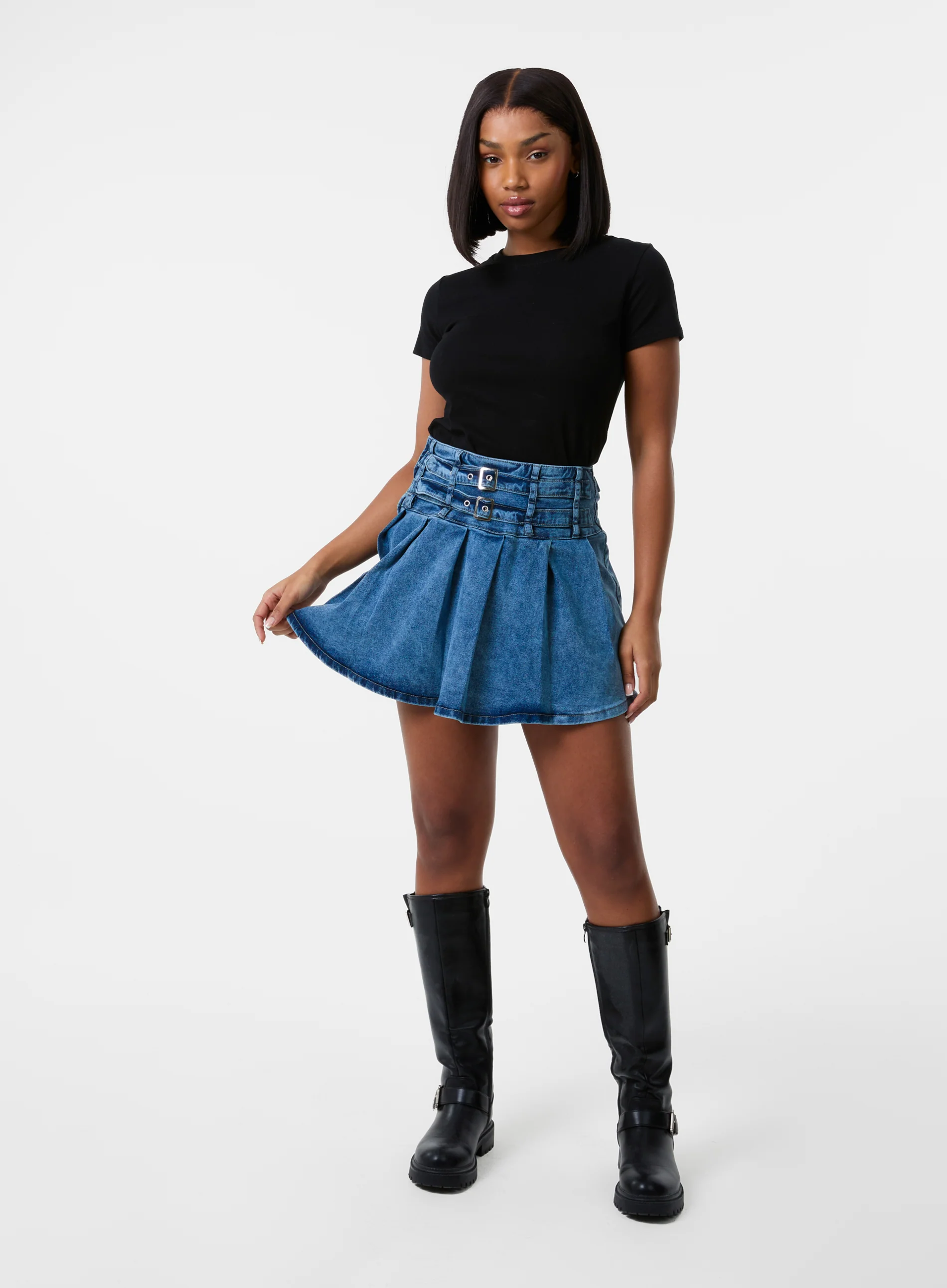 Denim Double Belt Pleat Mini Skirt