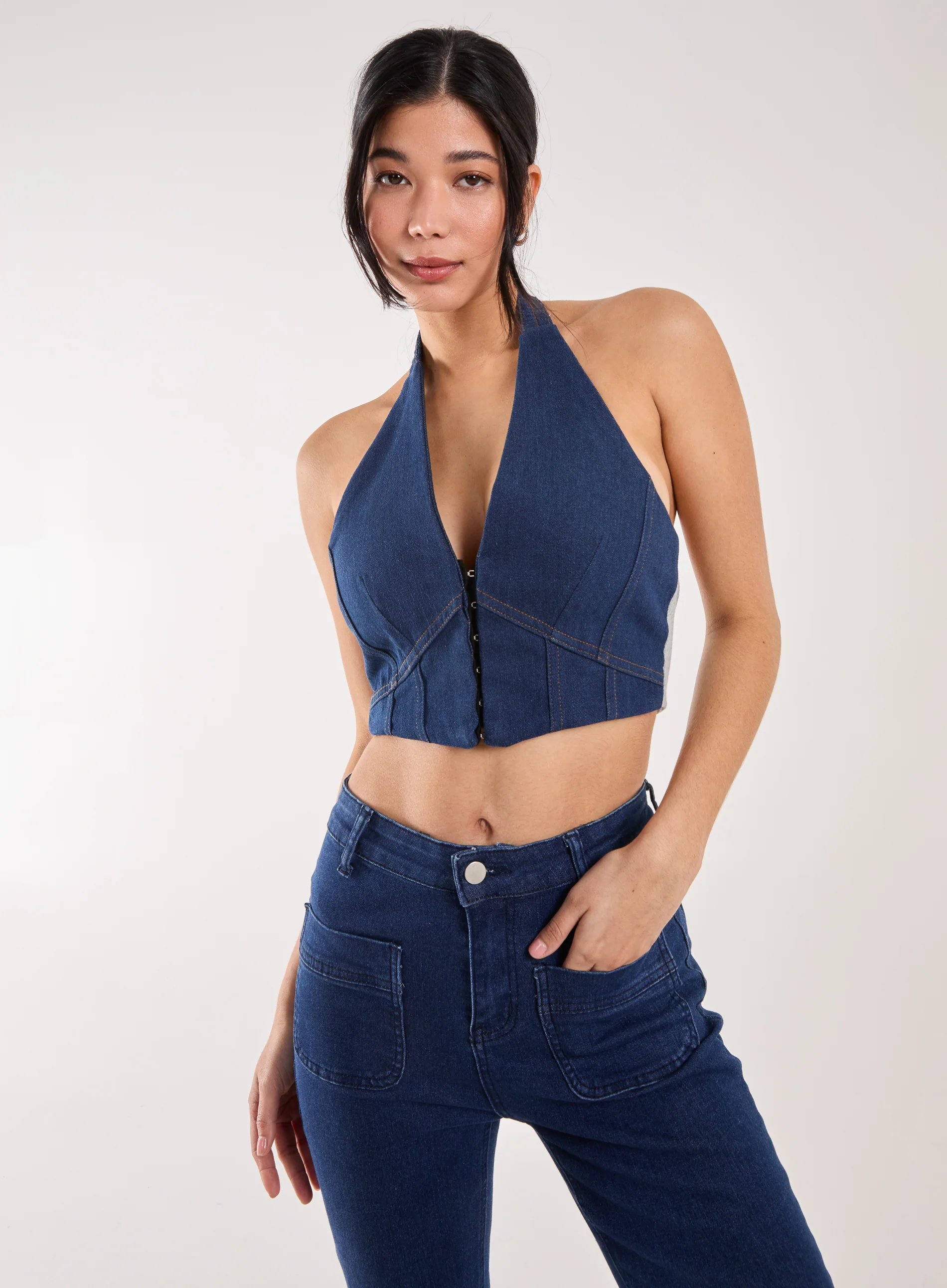 Denim Halterneck Crop Top - Image 2