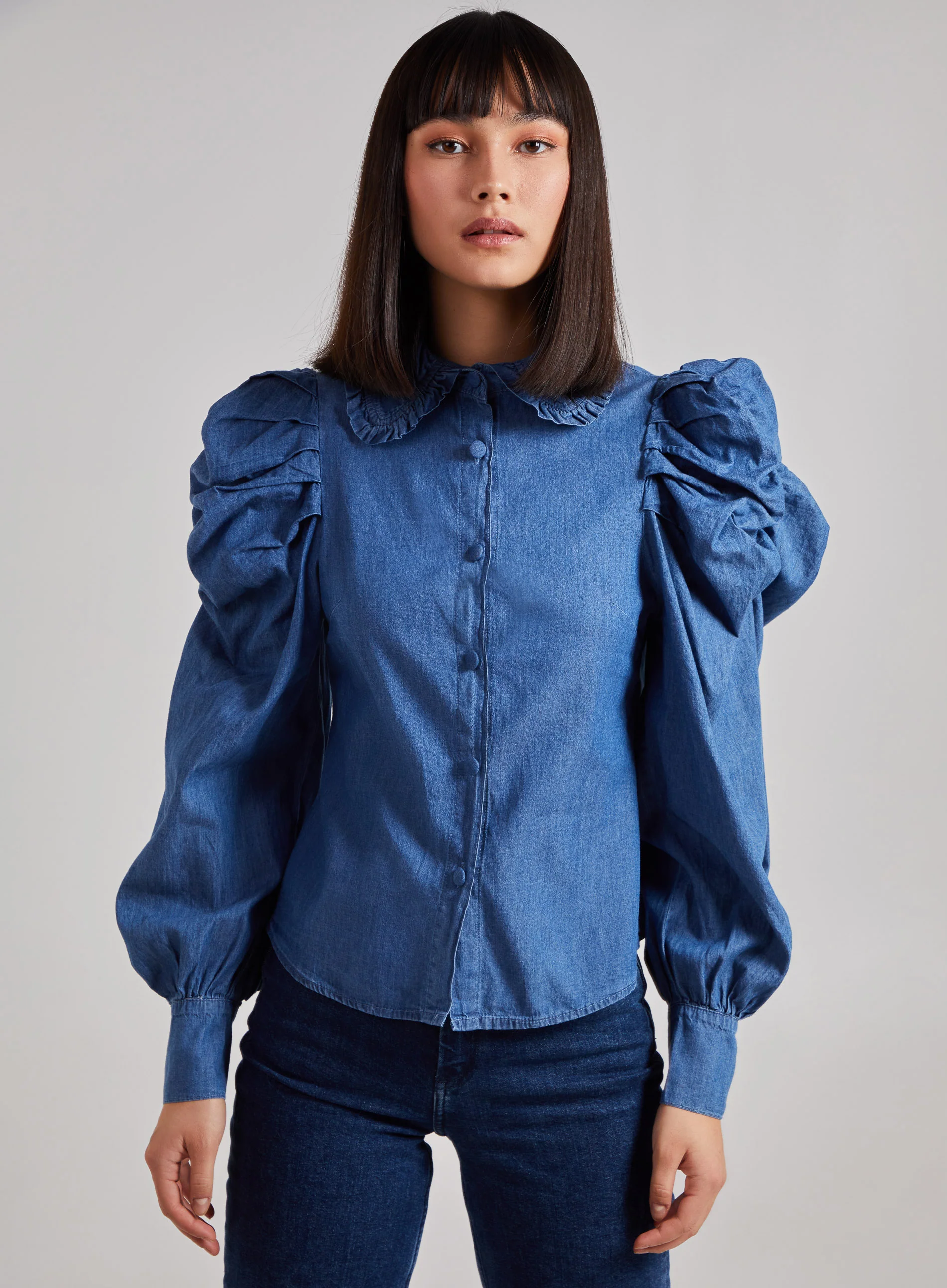 Puff Sleeve Frill Collar Denim Shirt