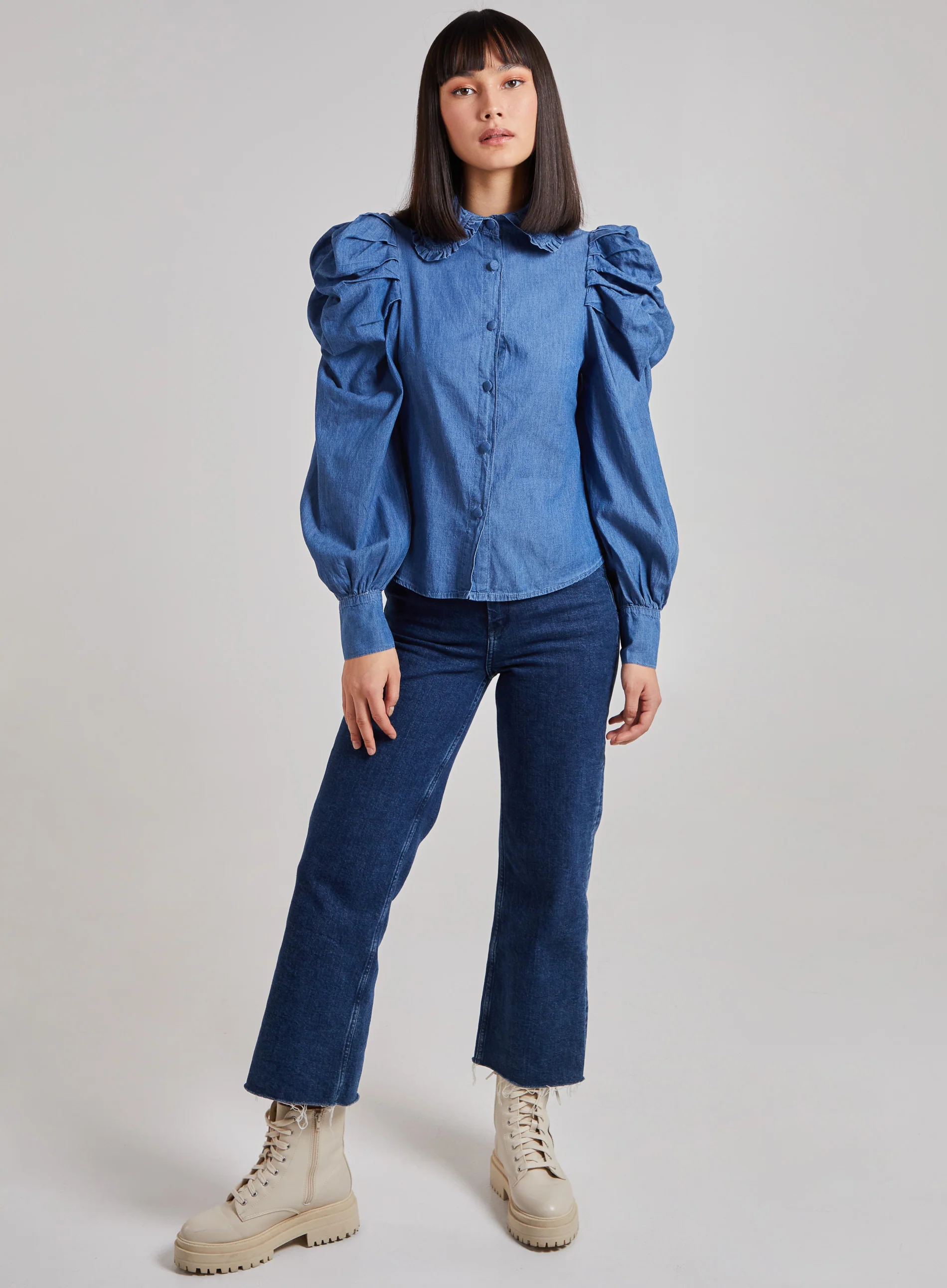 Puff Sleeve Frill Collar Denim Shirt - Image 3