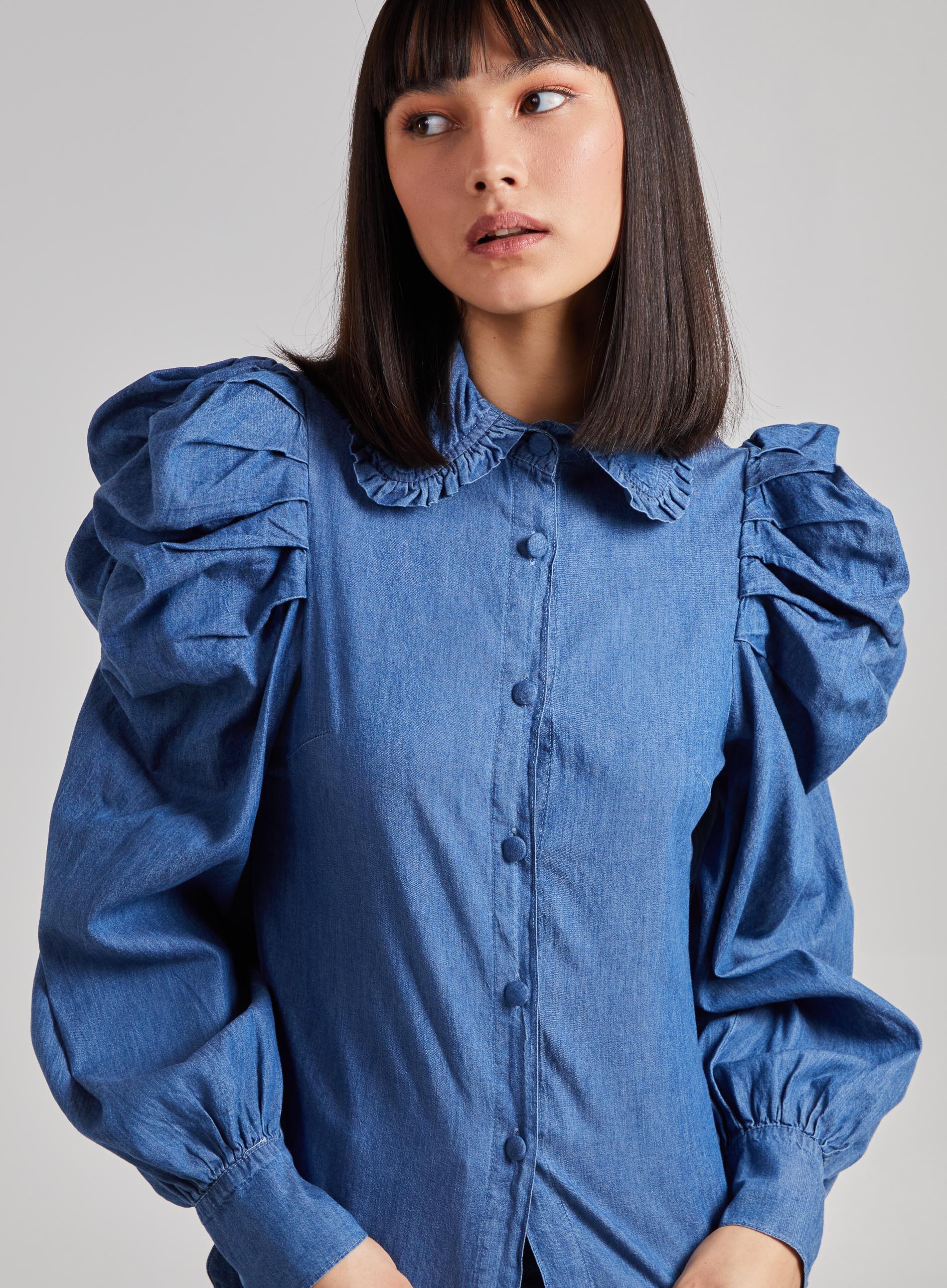 Puff Sleeve Frill Collar Denim Shirt - Image 4