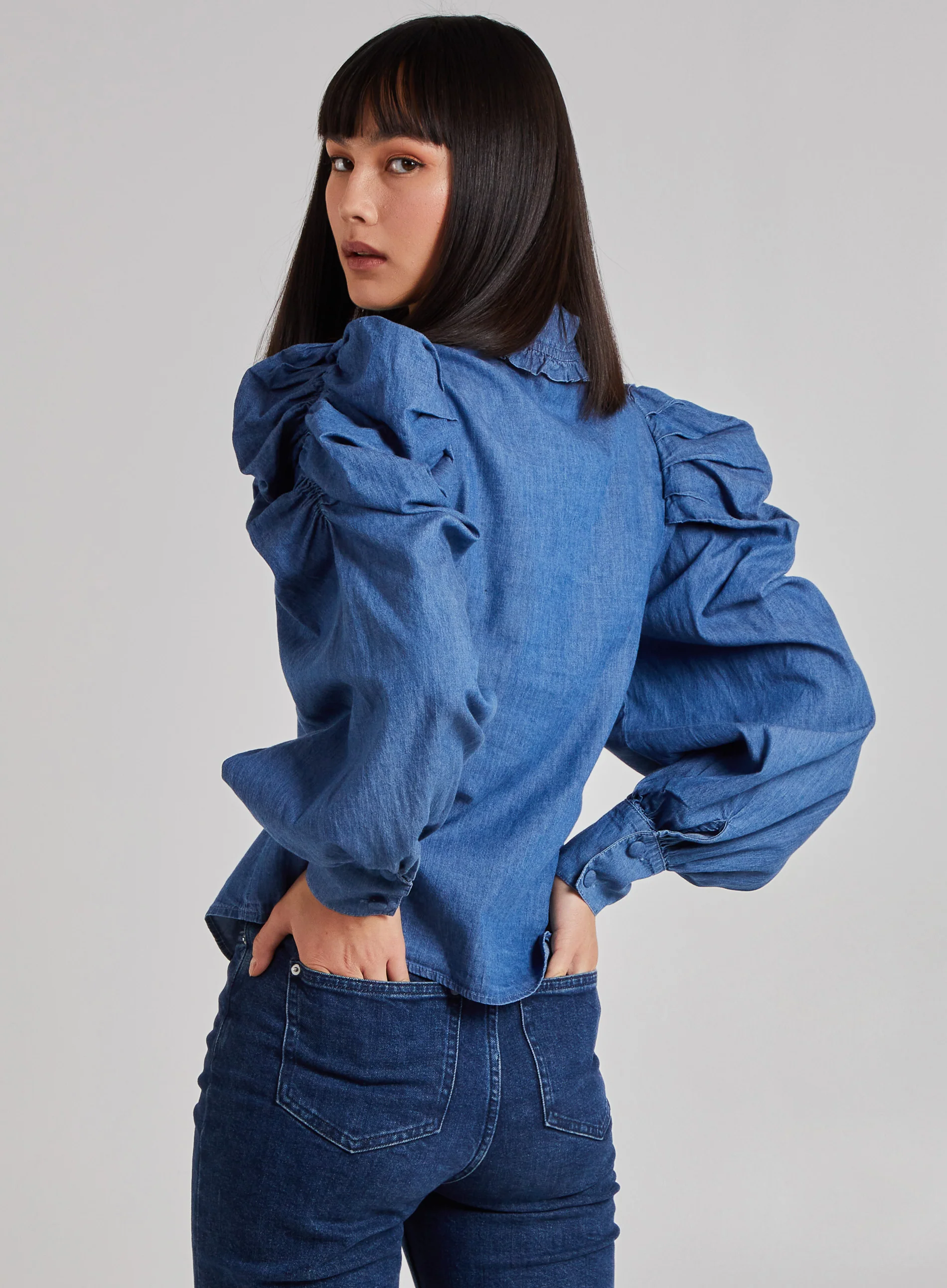 Puff Sleeve Frill Collar Denim Shirt - Image 5