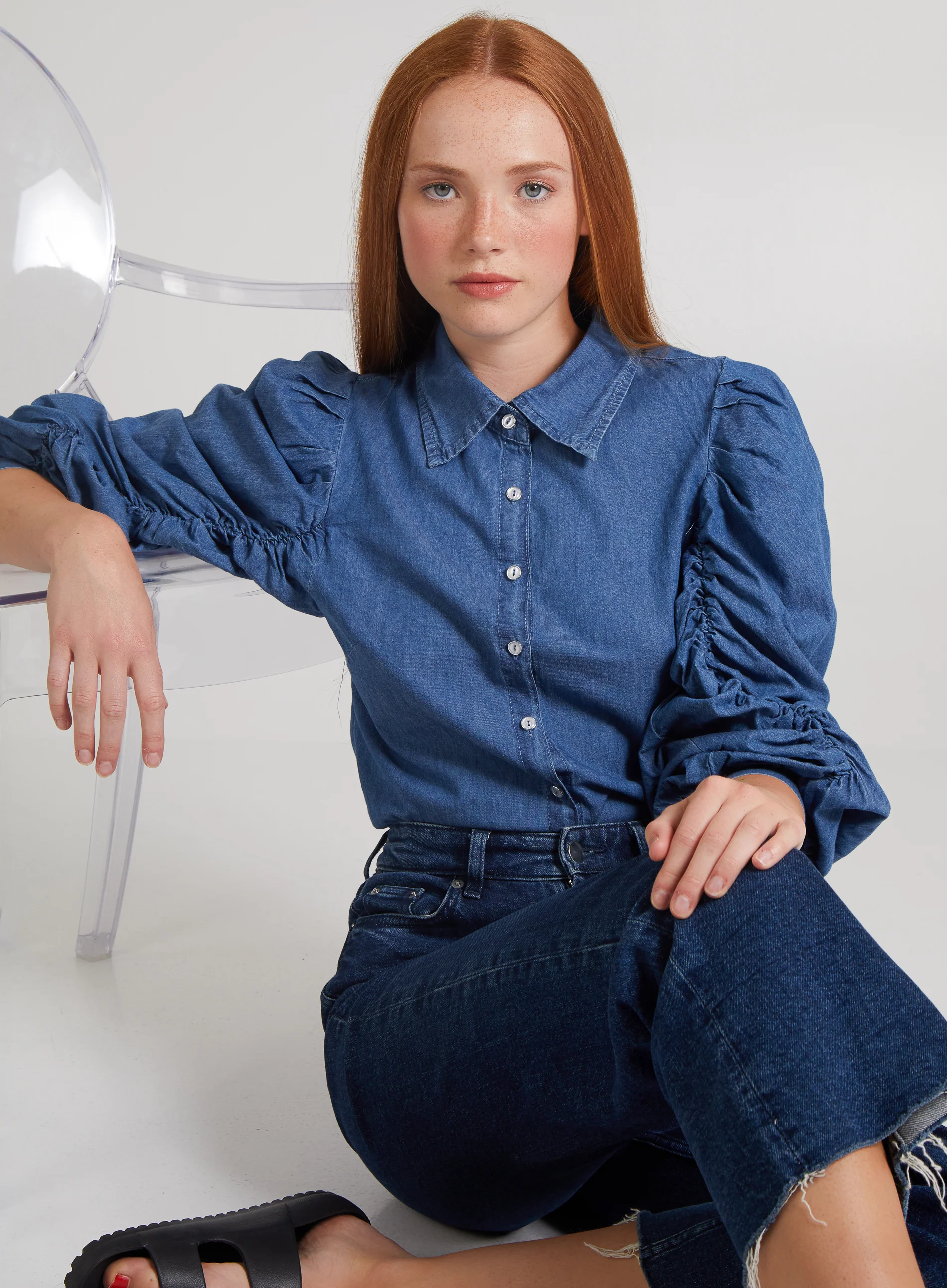 Ruched Sleeve Denim Shirt