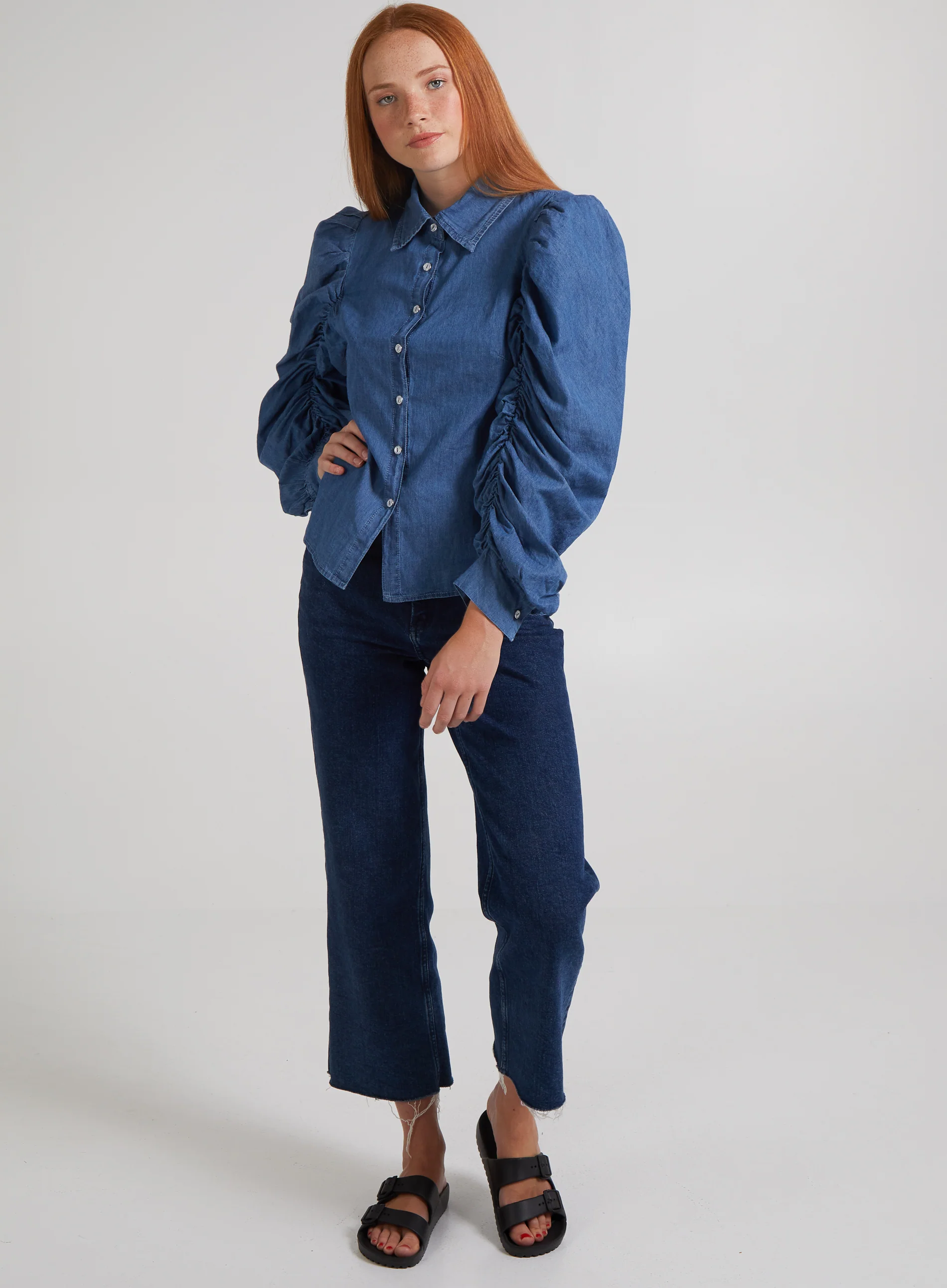 Ruched Sleeve Denim Shirt - Image 2