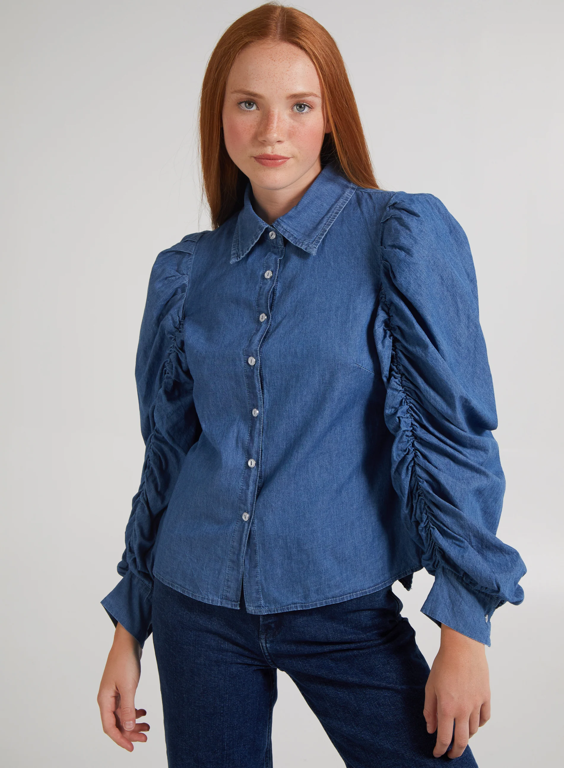 Ruched Sleeve Denim Shirt - Image 3