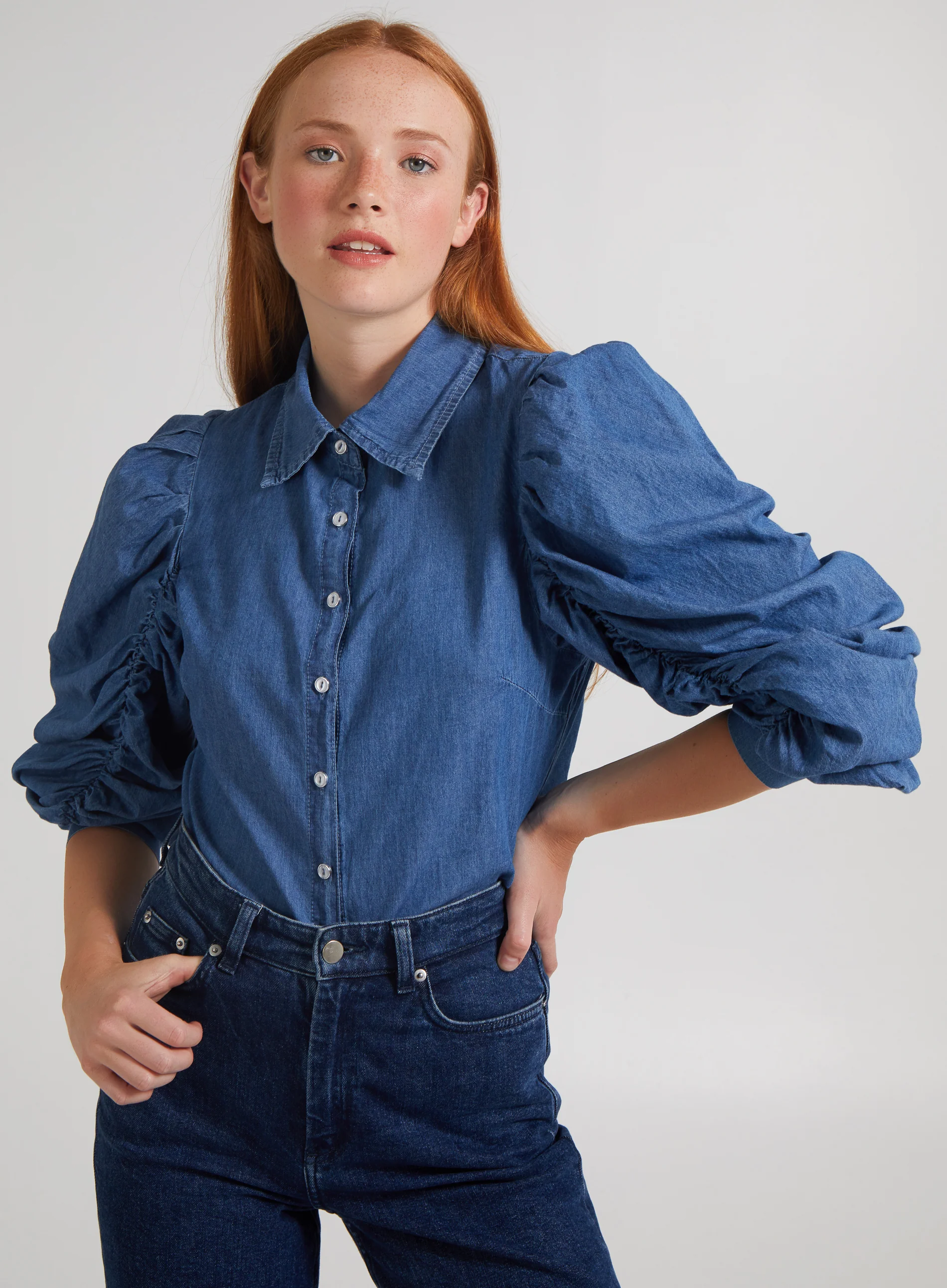 Ruched Sleeve Denim Shirt - Image 4