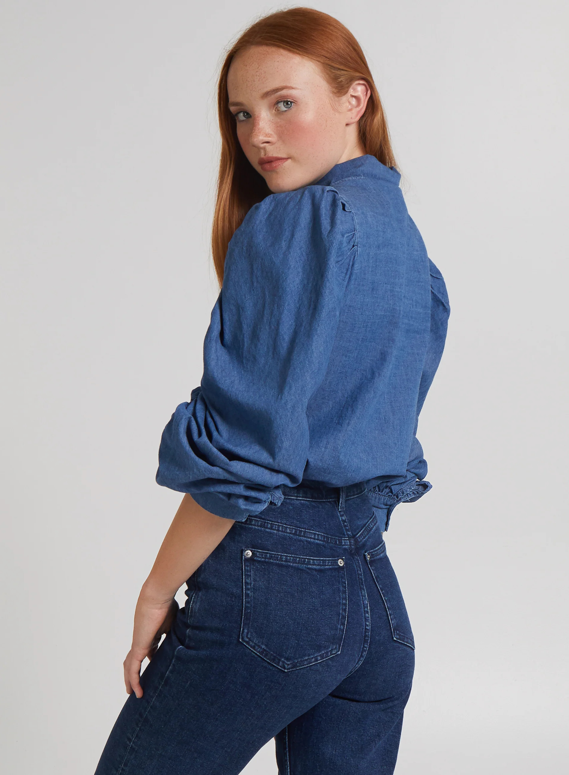 Ruched Sleeve Denim Shirt - Image 5