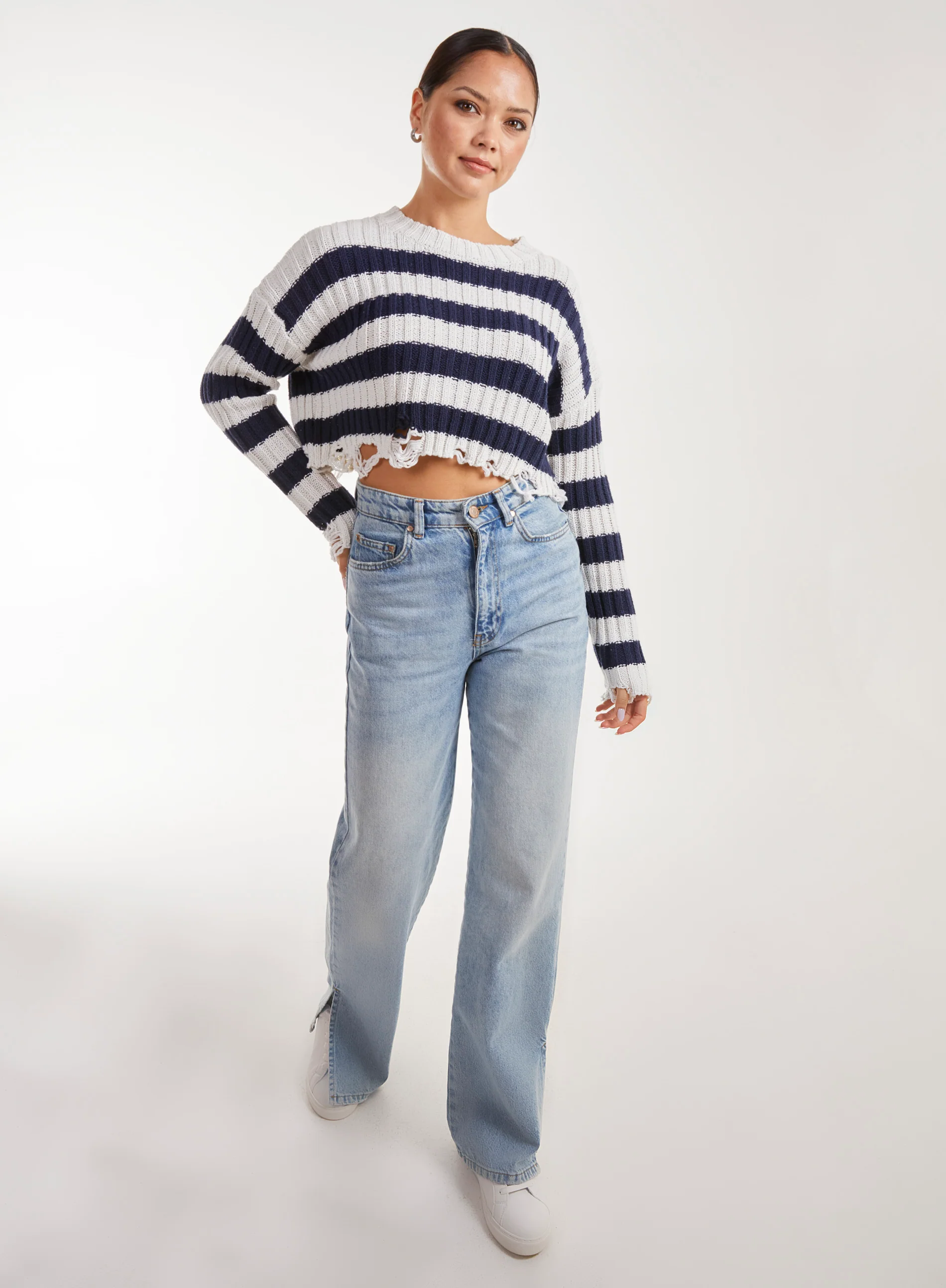 Distressed Striped Crop Knit Jumper - Image 3