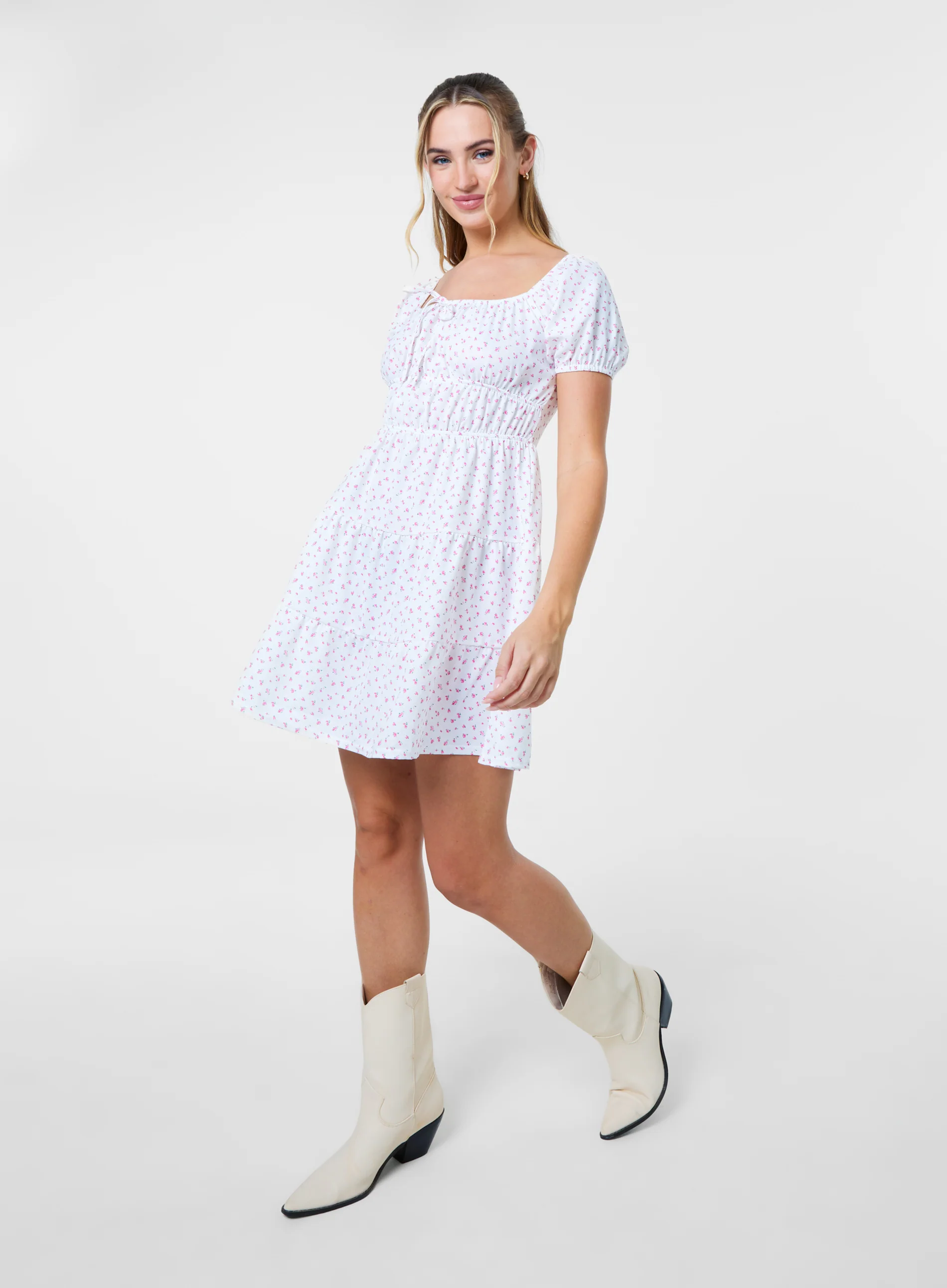 Ditsy Puff Sleeve Tiered Mini Dress - Image 2
