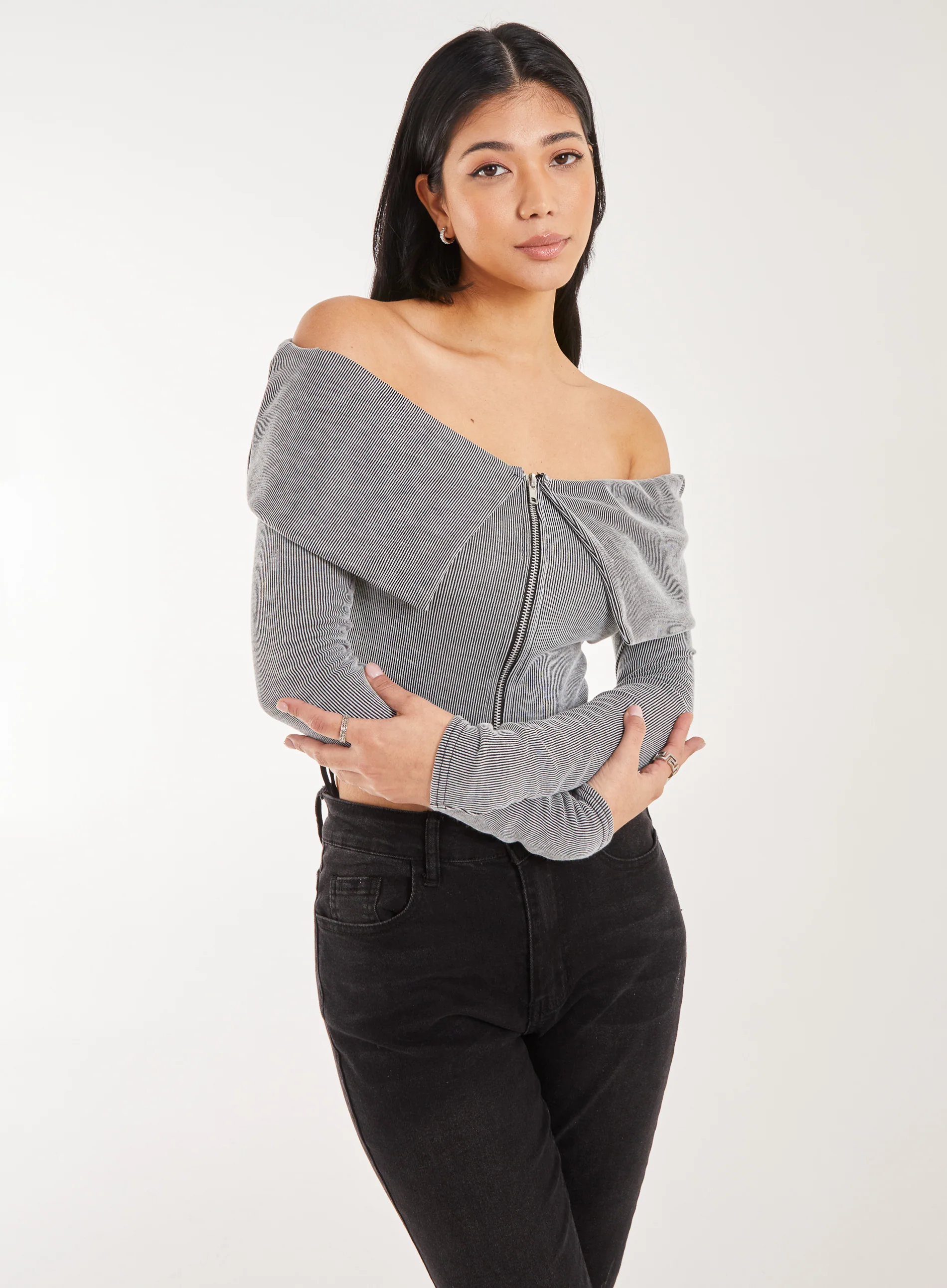 Fold Over Zip Bardot Top - Image 2