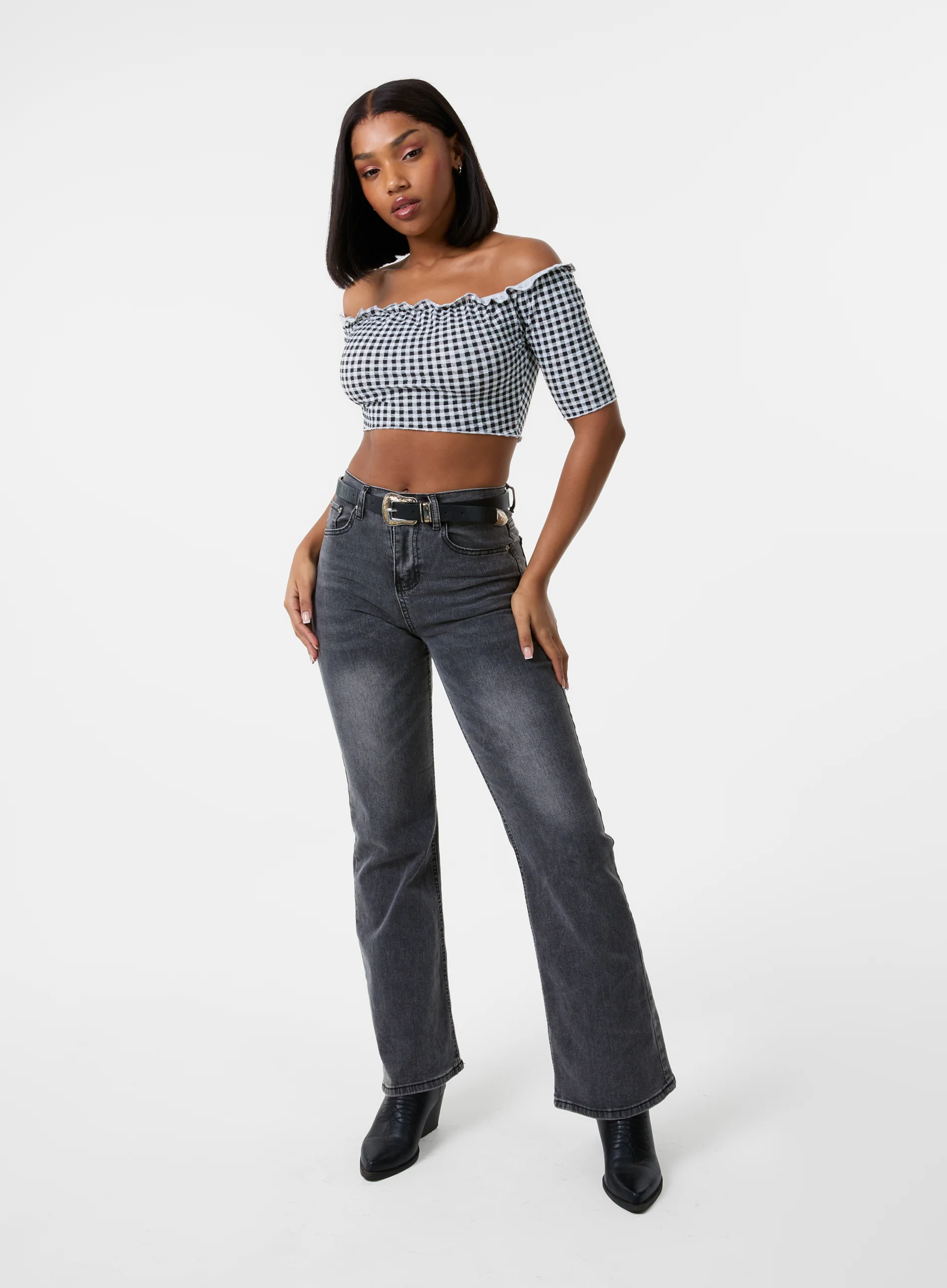 Frill Detail Gingham Bardot Top - Image 2