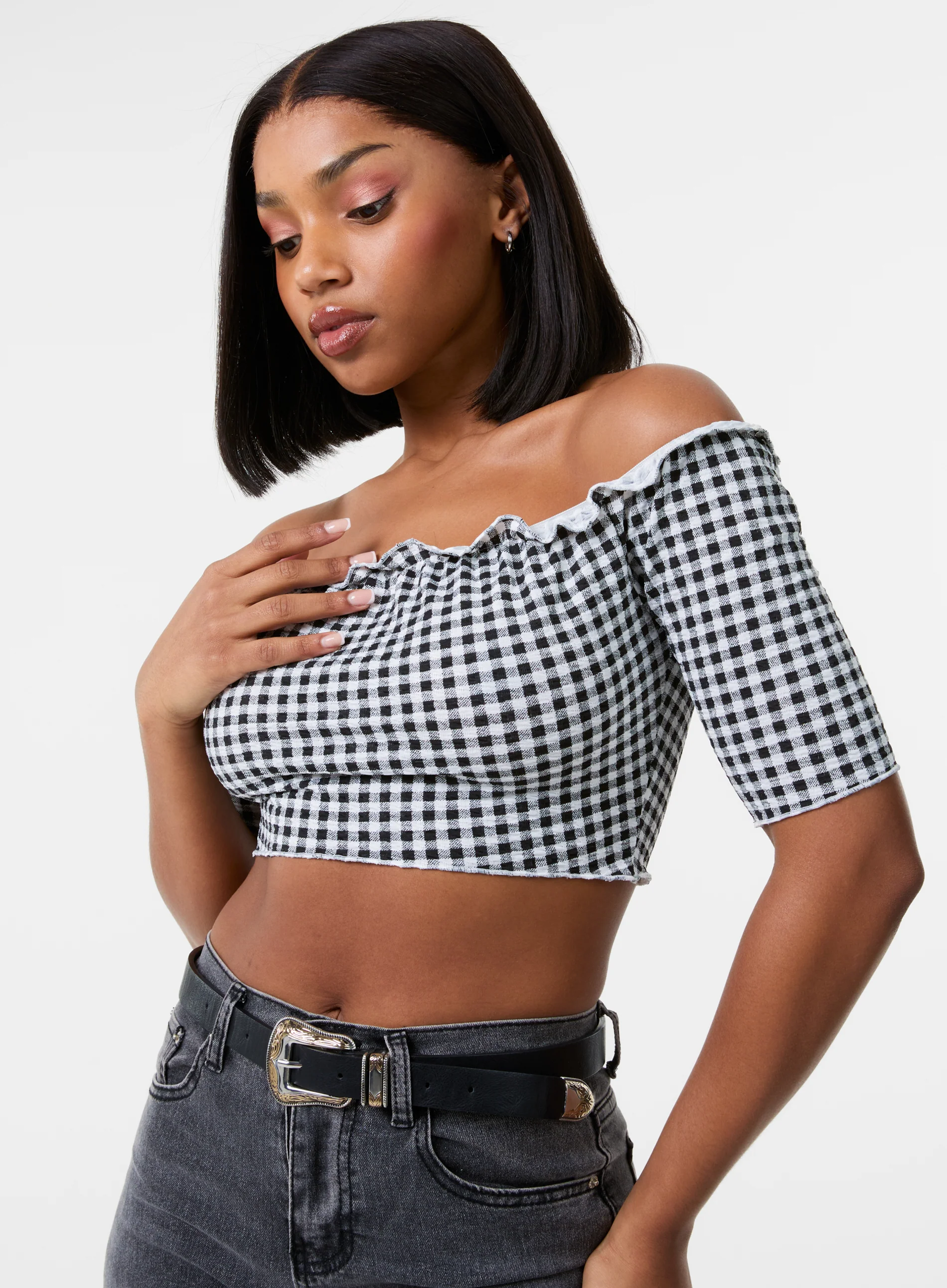 Frill Detail Gingham Bardot Top - Image 3