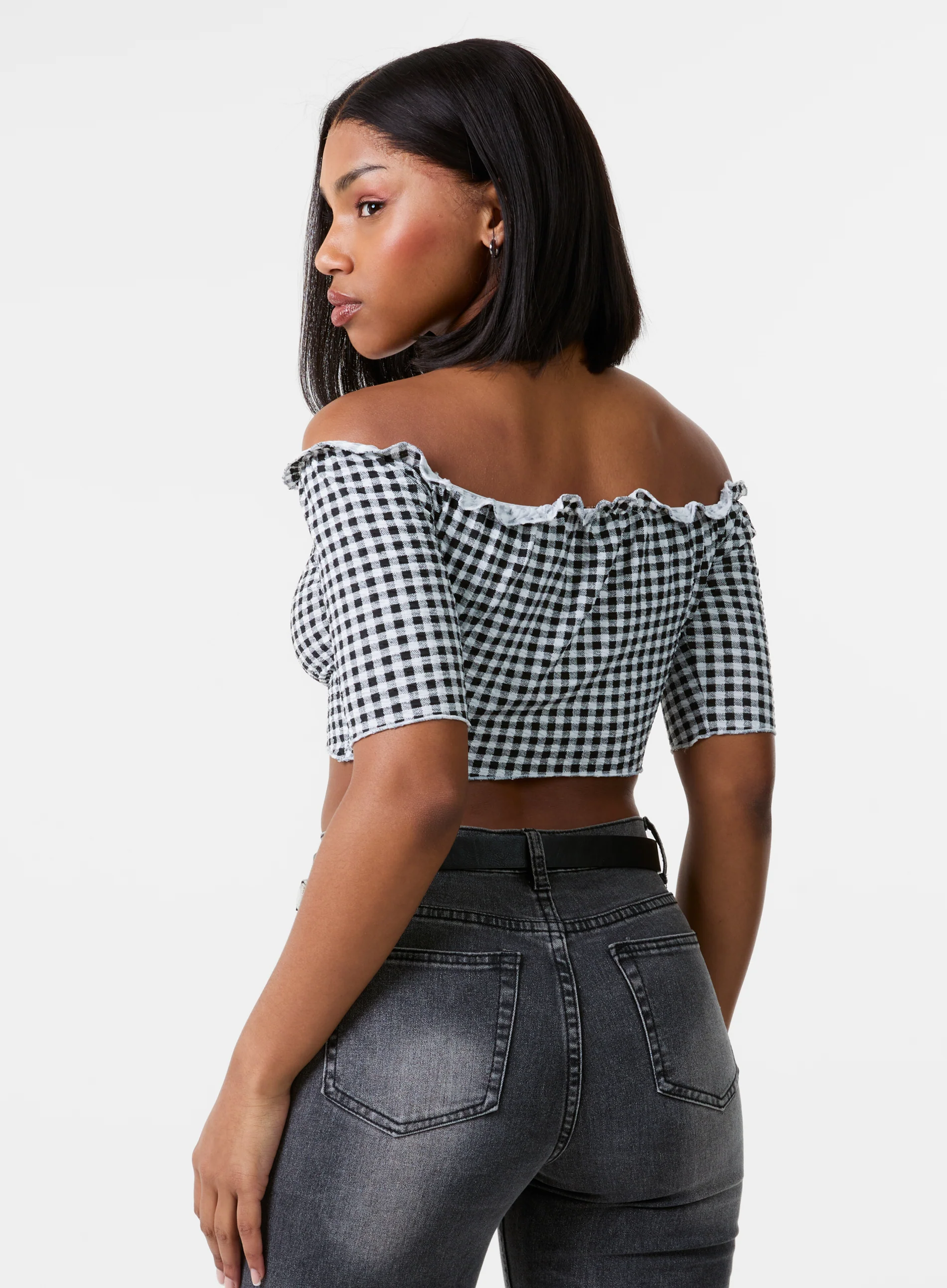 Frill Detail Gingham Bardot Top - Image 4