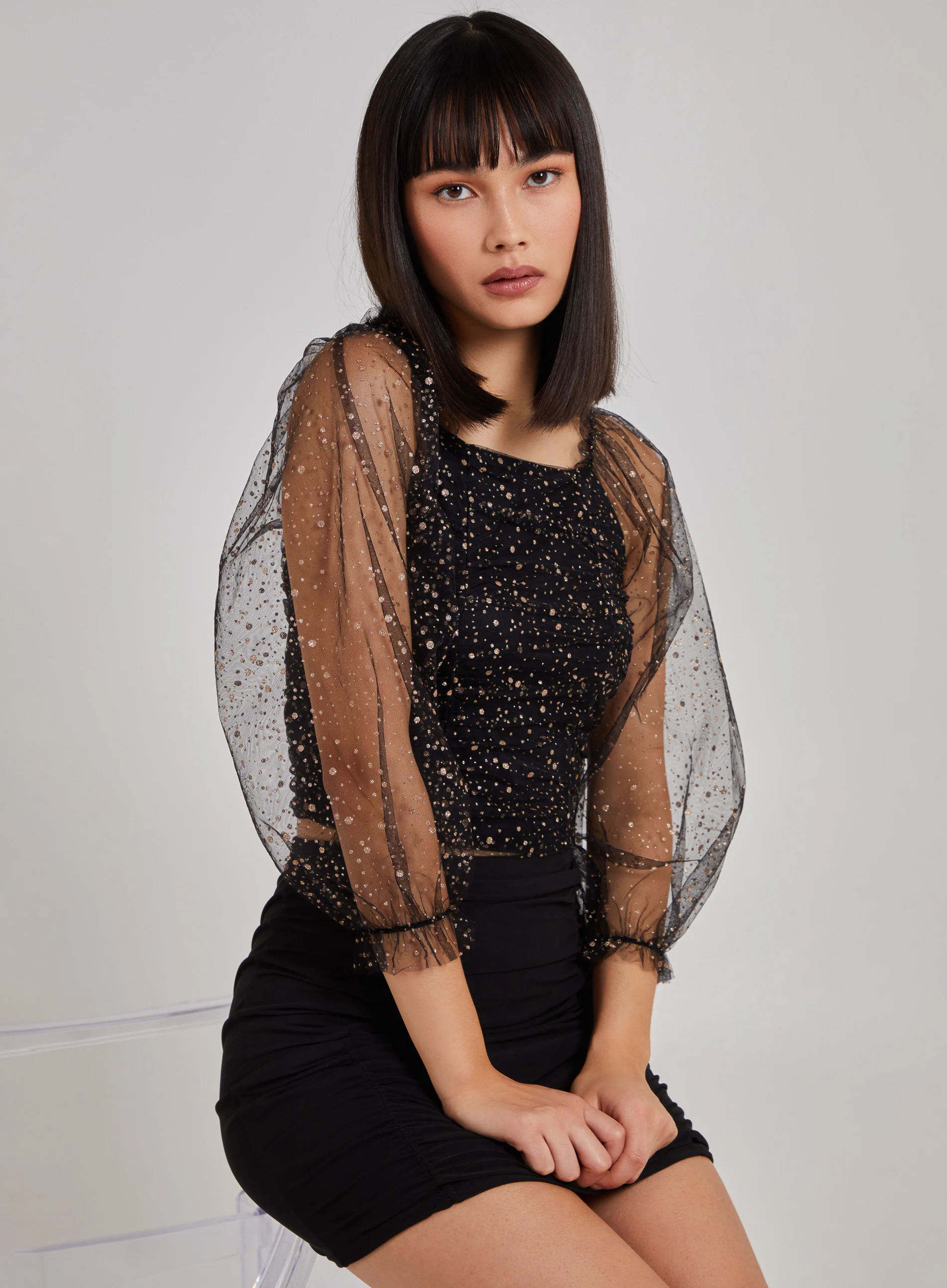 Glitter Ruched Top With Sheer Balloon Sleeve - Image 2