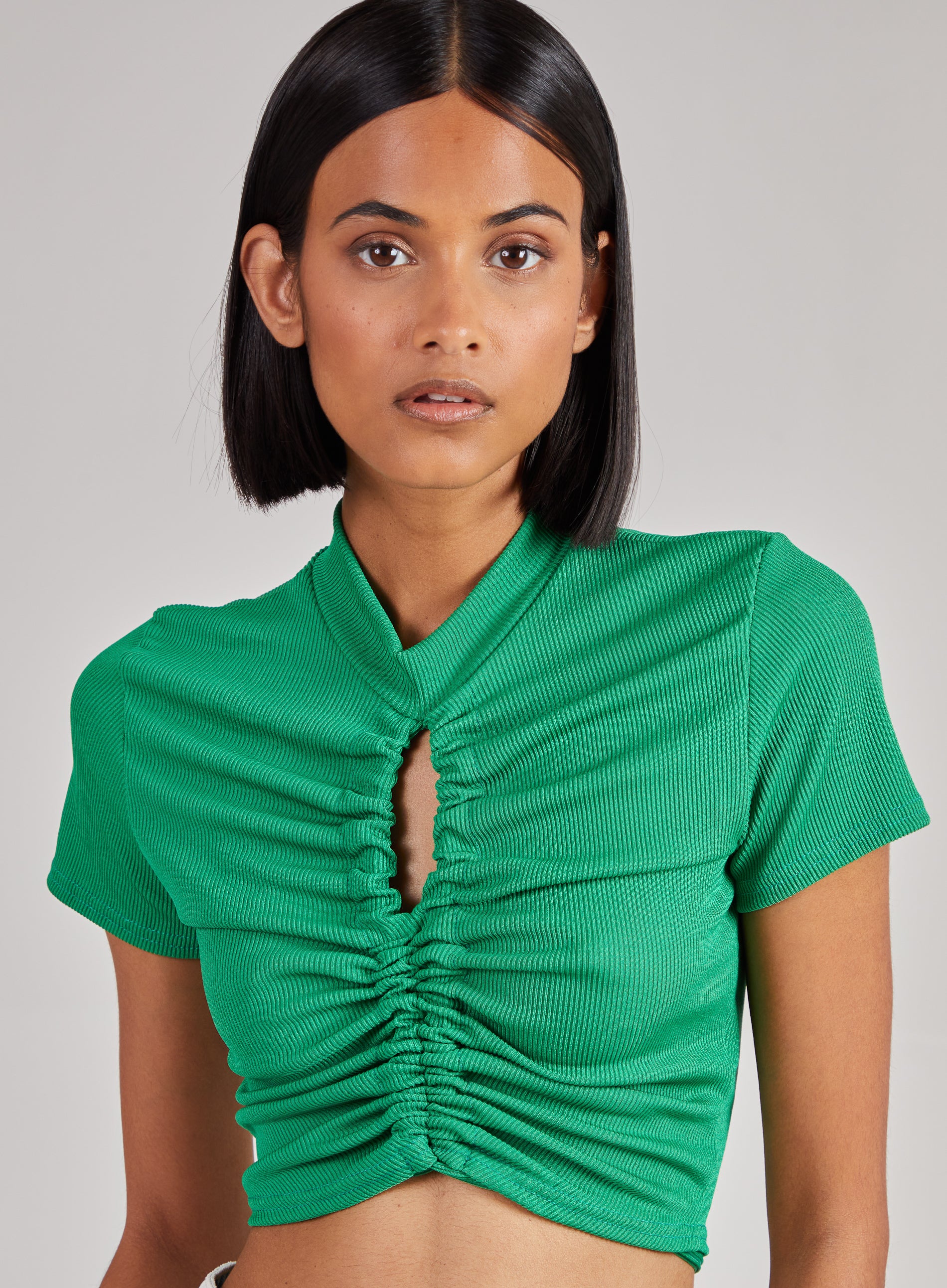 Short Sleeve Gathered Keyhole Ribbed Top - Image 3