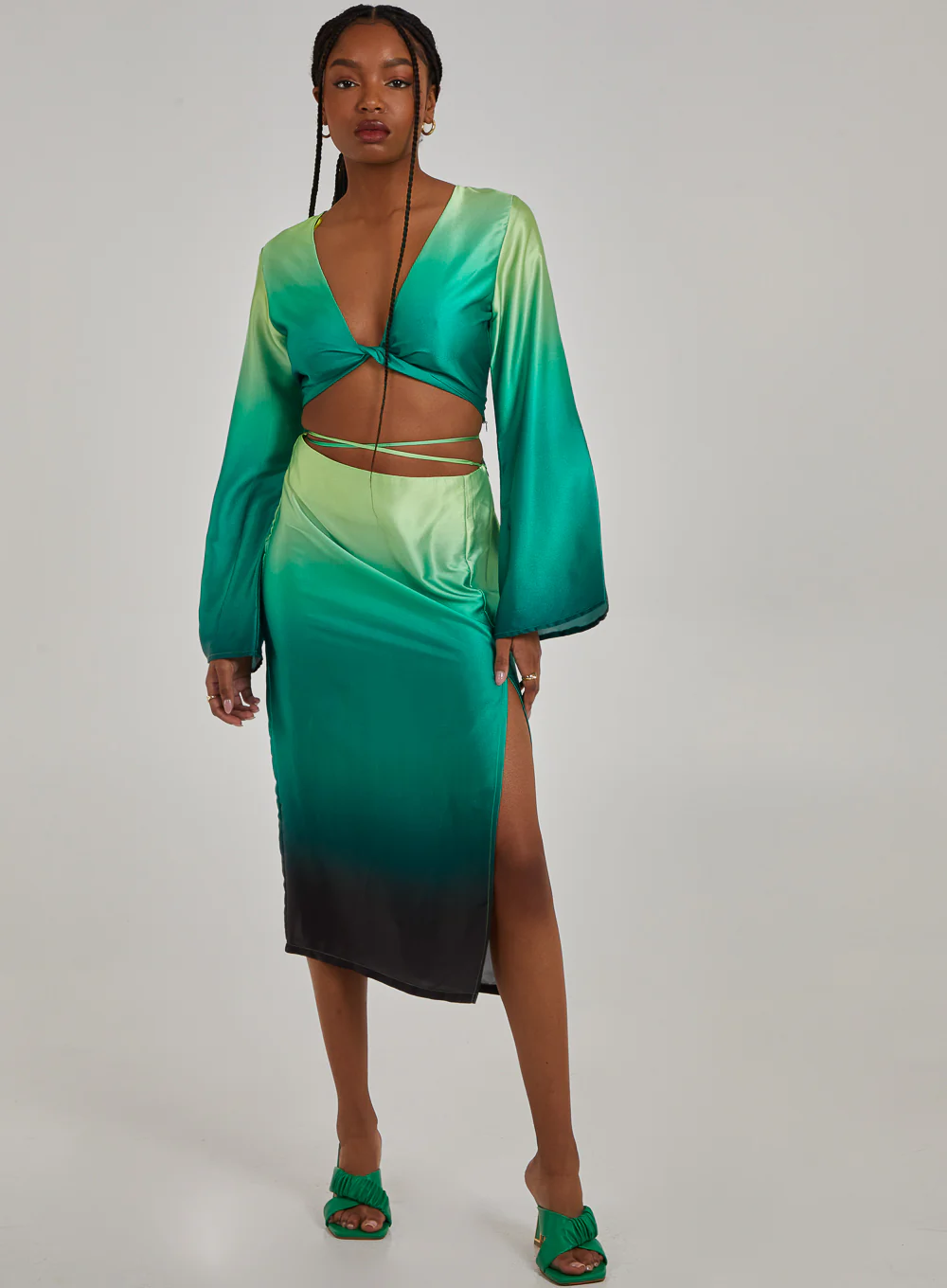 Tie Waist Ombre Split Hem Midi Skirt - Image 3
