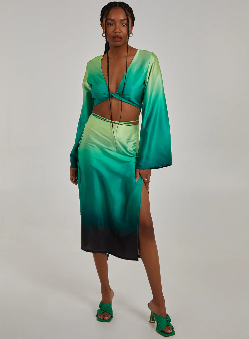 Twist Front Satin Long Sleeve Crop Top - Image 2