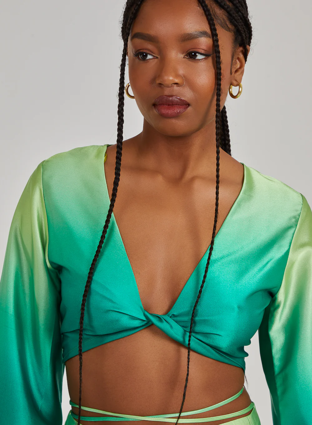 Twist Front Satin Long Sleeve Crop Top - Image 4