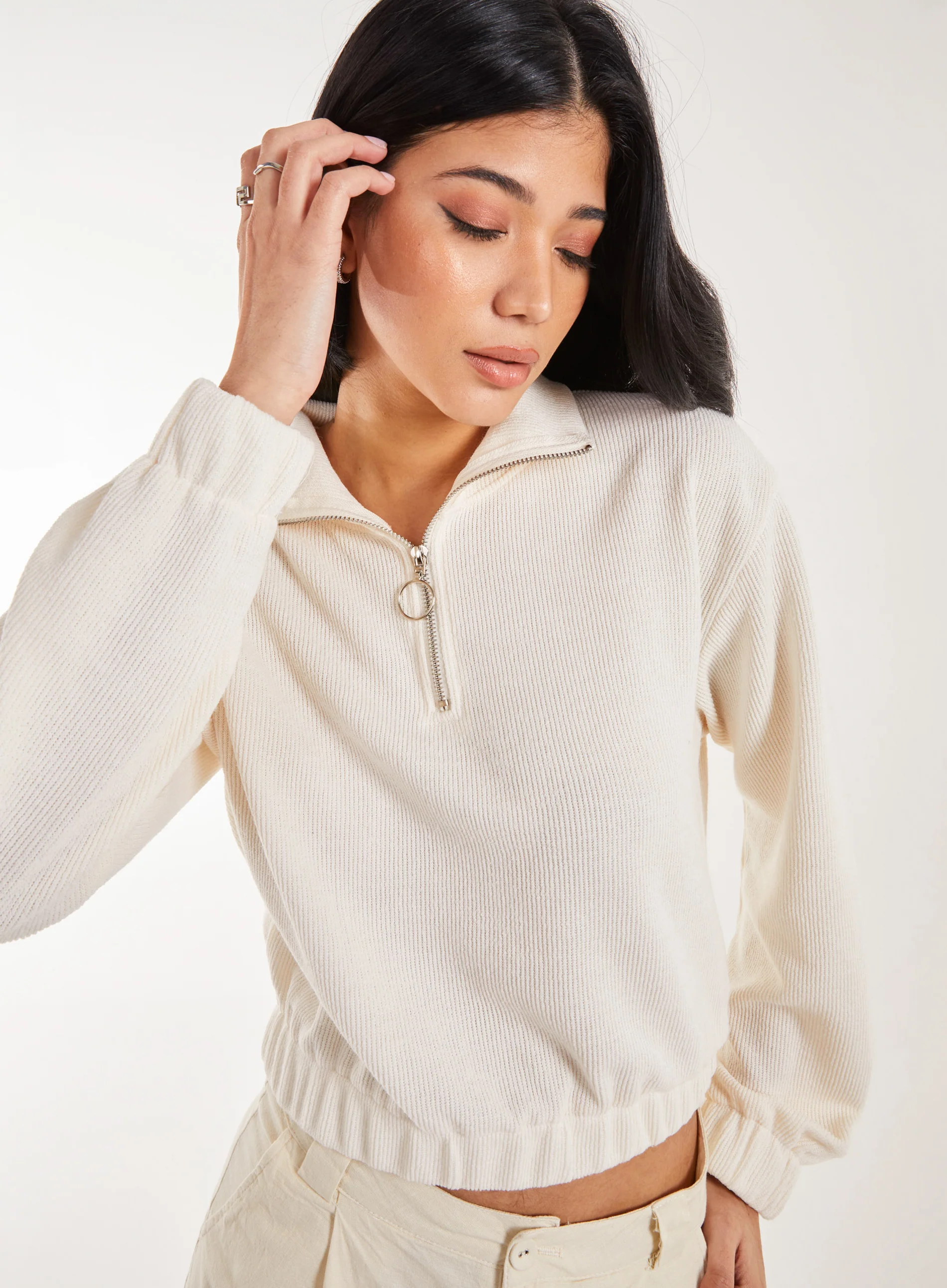 High Neck Zip Up Cropped Sweatshirt - Image 3