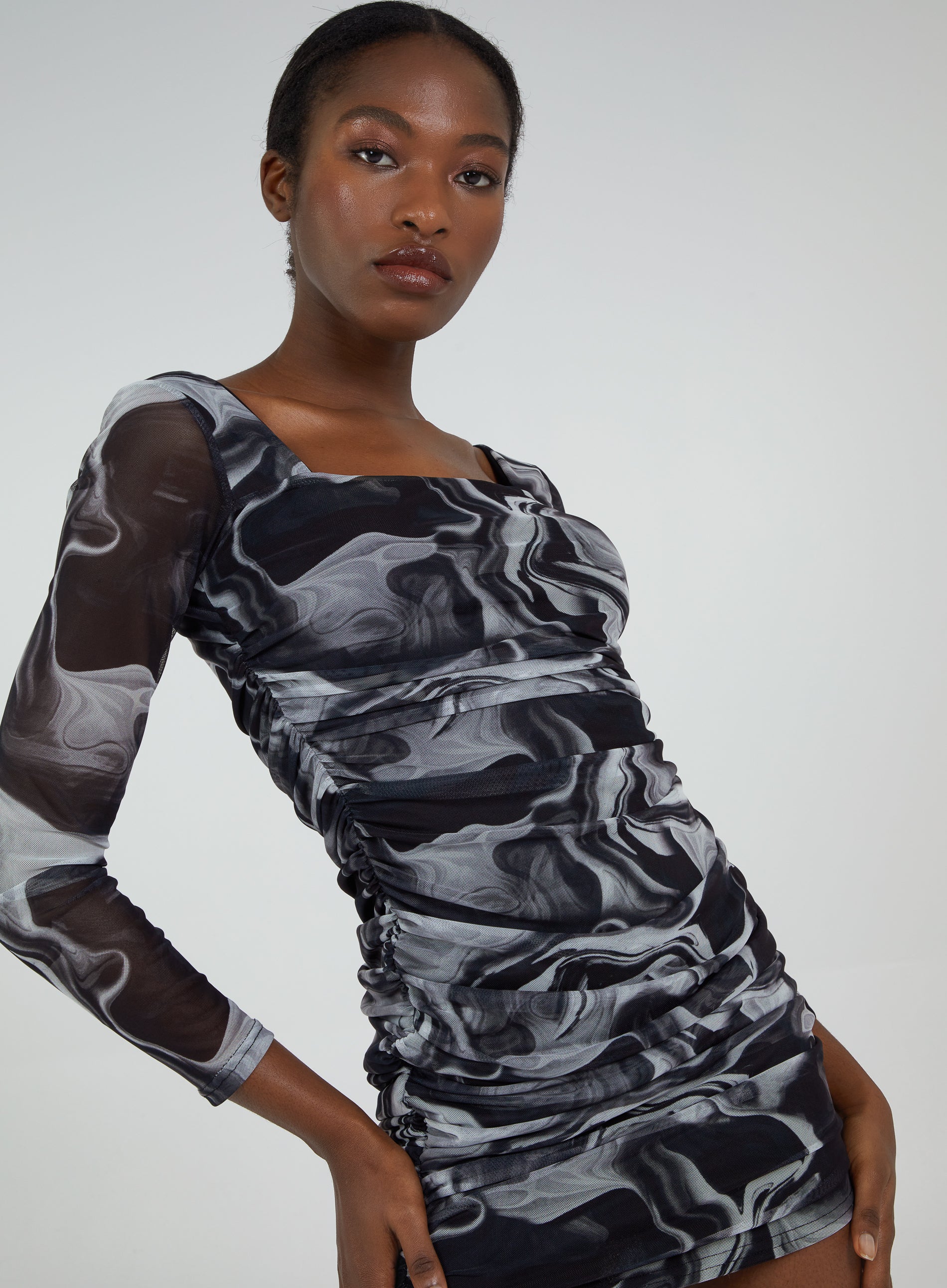 Mesh Marble Long Sleeve Mini Dress - Image 3