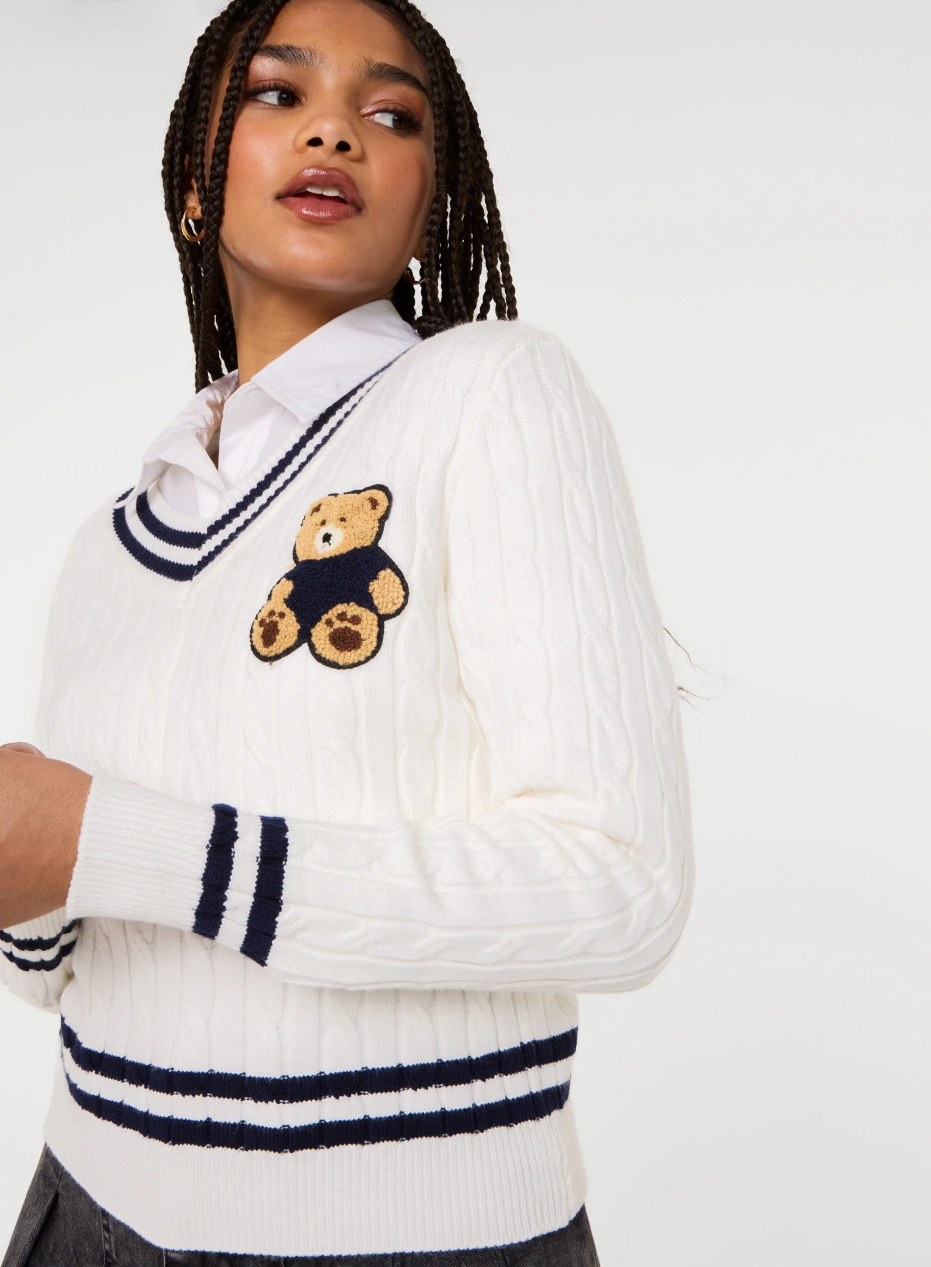 Contrast V-Neck Teddy Jumper - Image 2