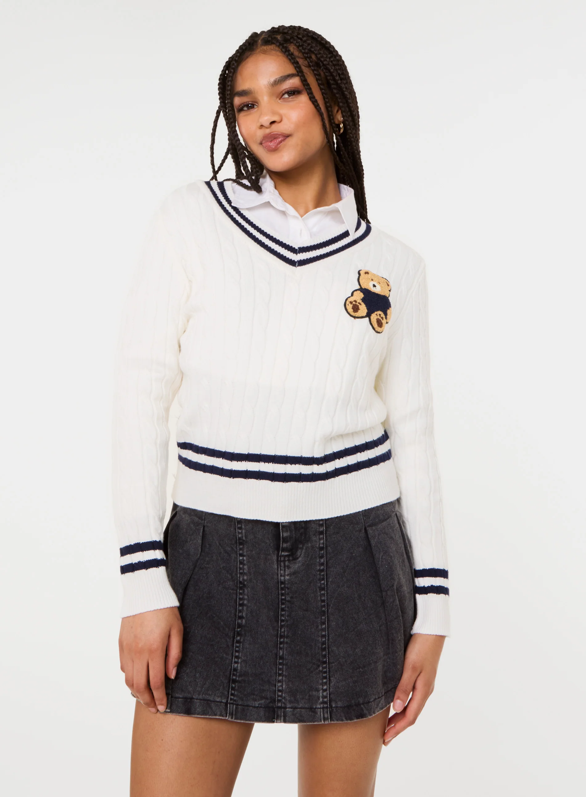 Contrast V-Neck Teddy Jumper - Image 3