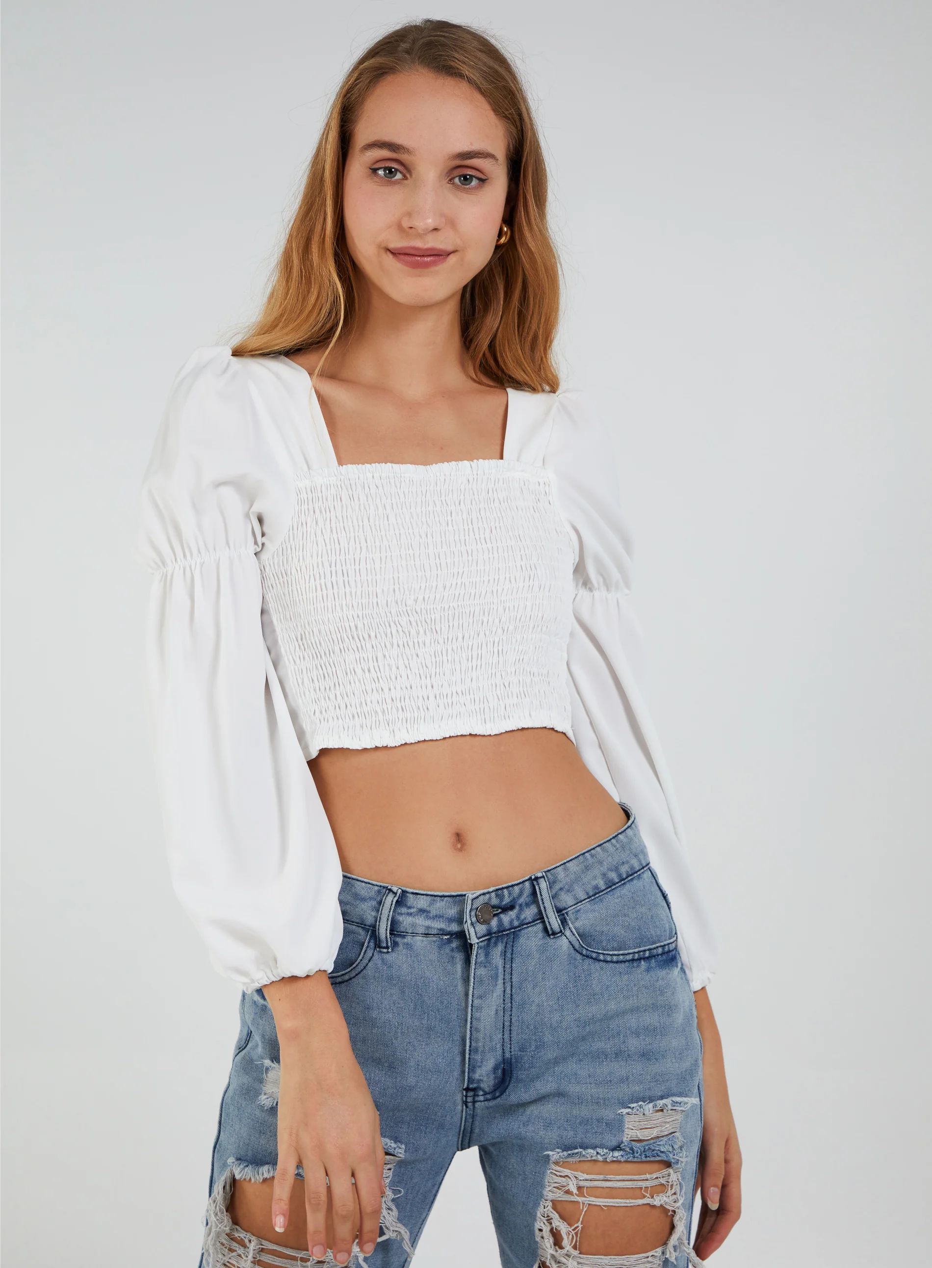 Cropped Ruched Top With Balloon Sleeves