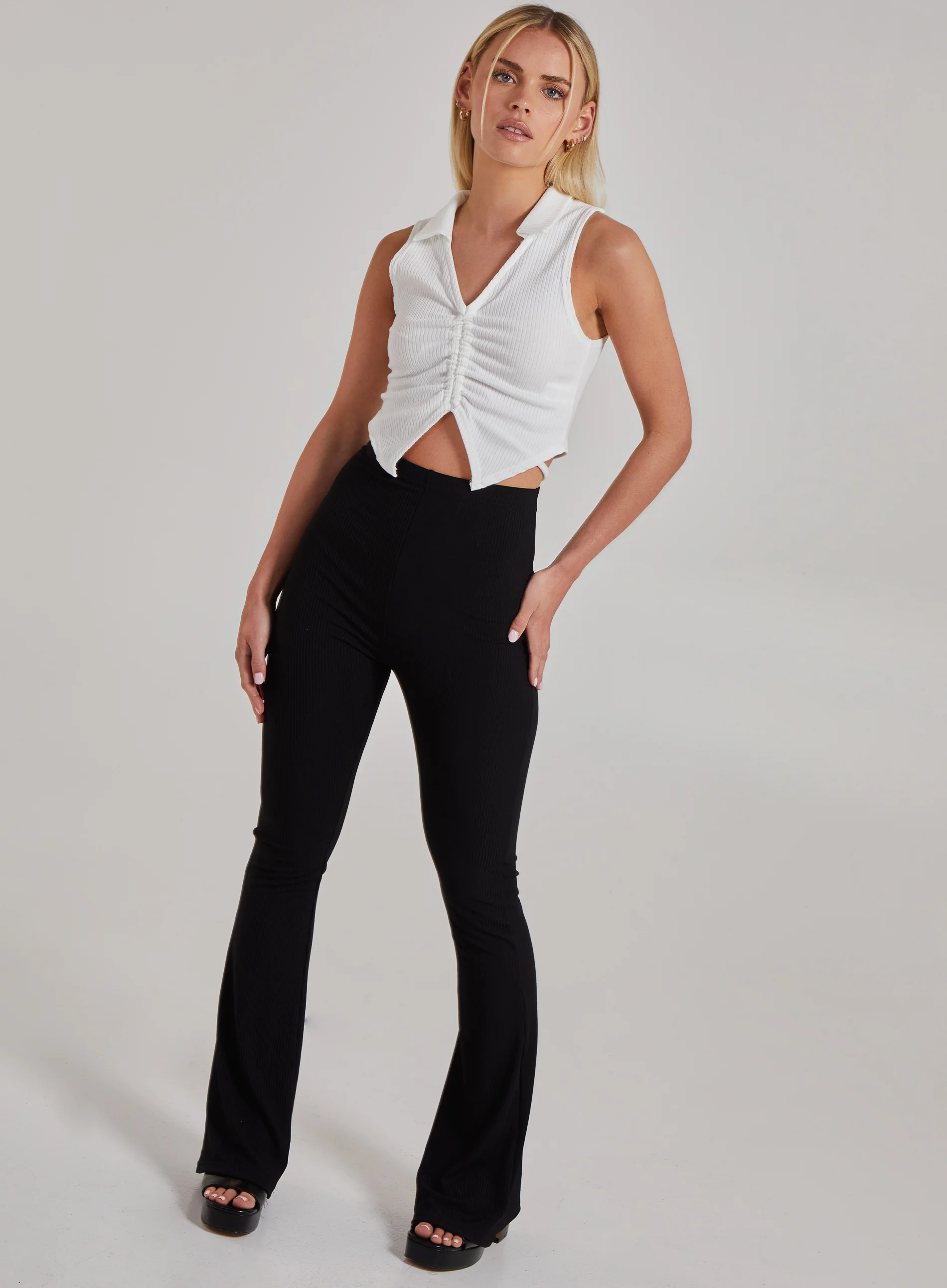 Gathered Collar Neck Rib Top - Image 2