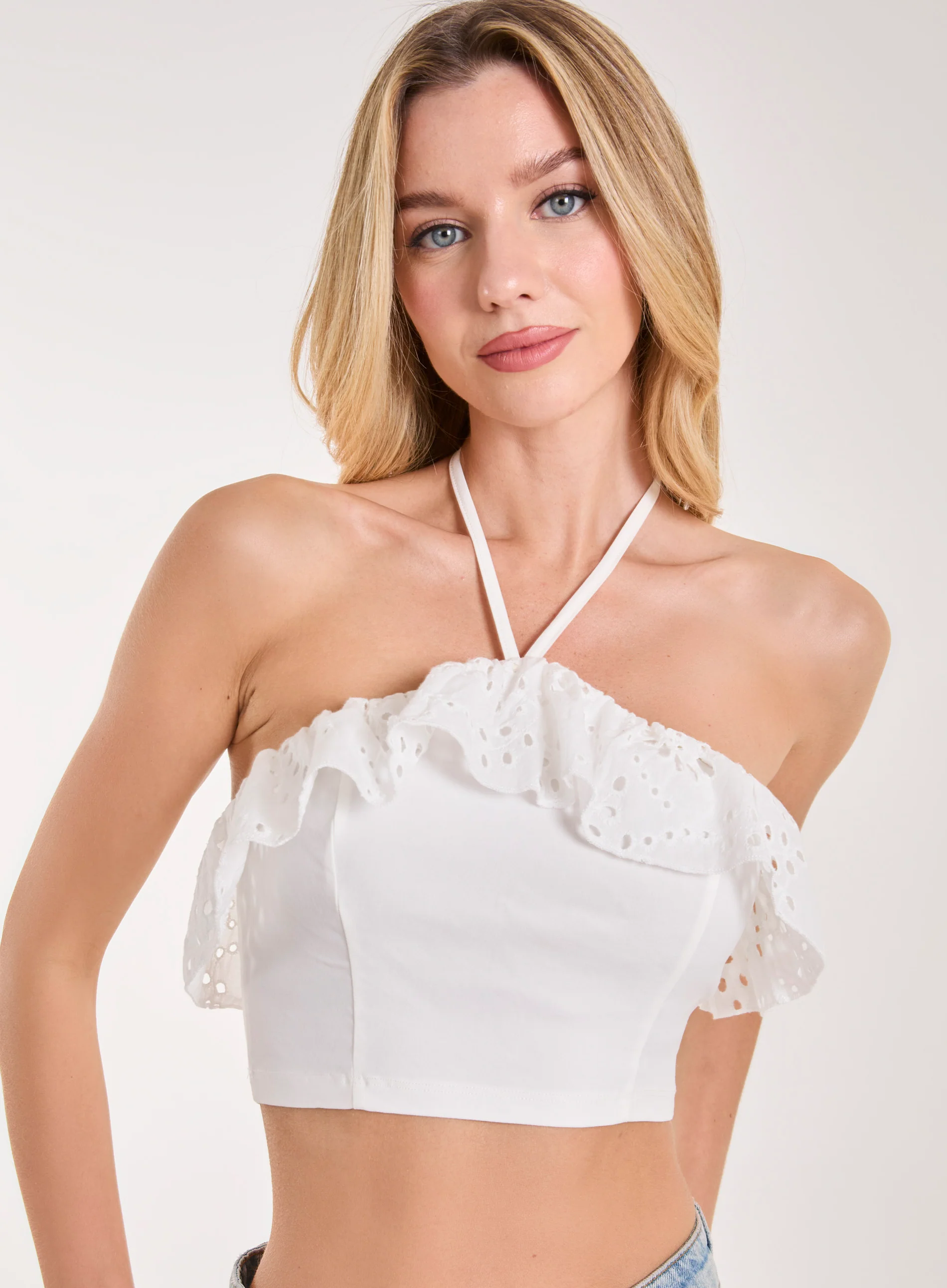 Halter Neck Broderie Frill Hem Crop Top - Image 3