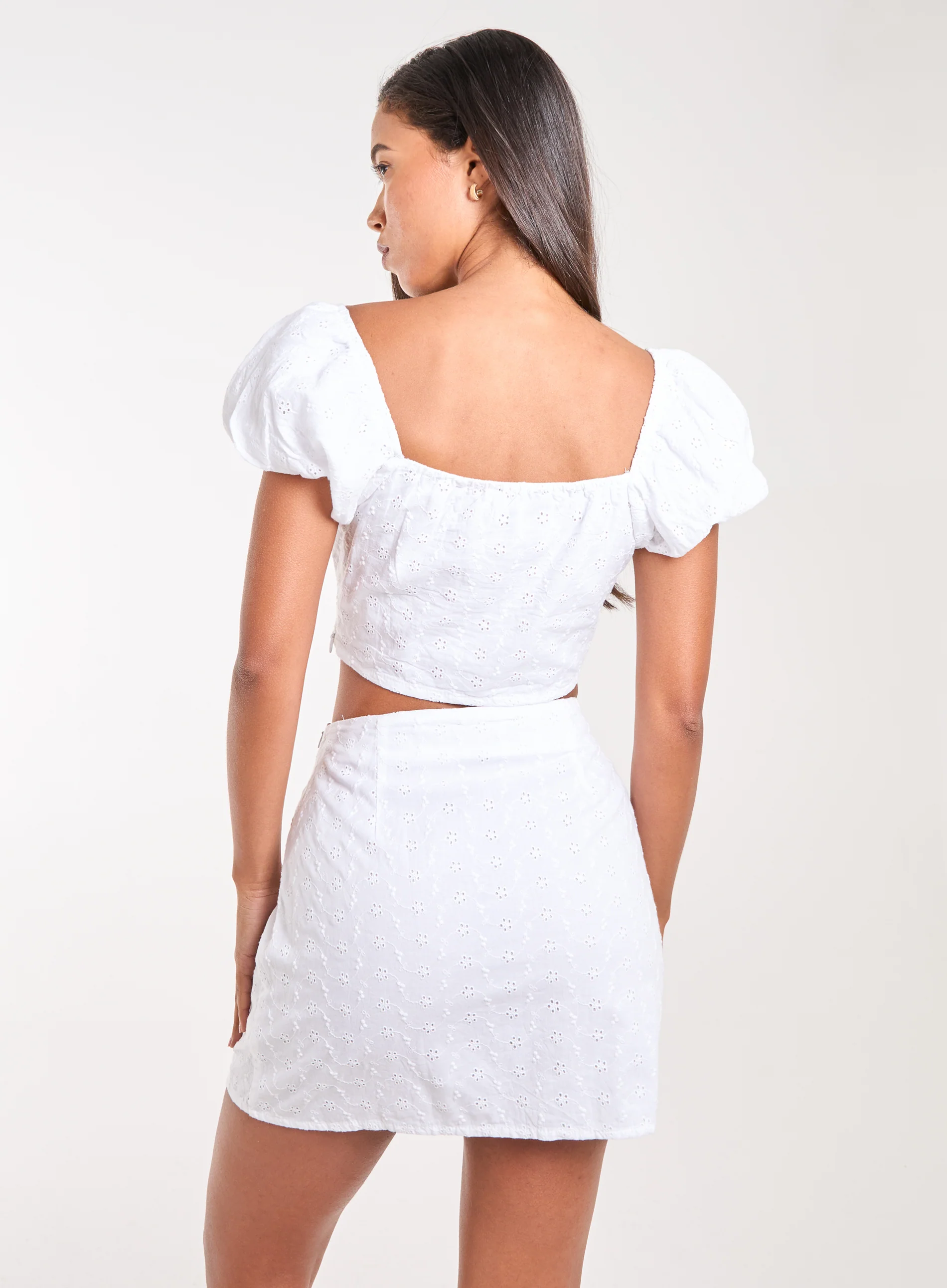 Lace Up Corset Puff Sleeve Broderie Crop Top - Image 5
