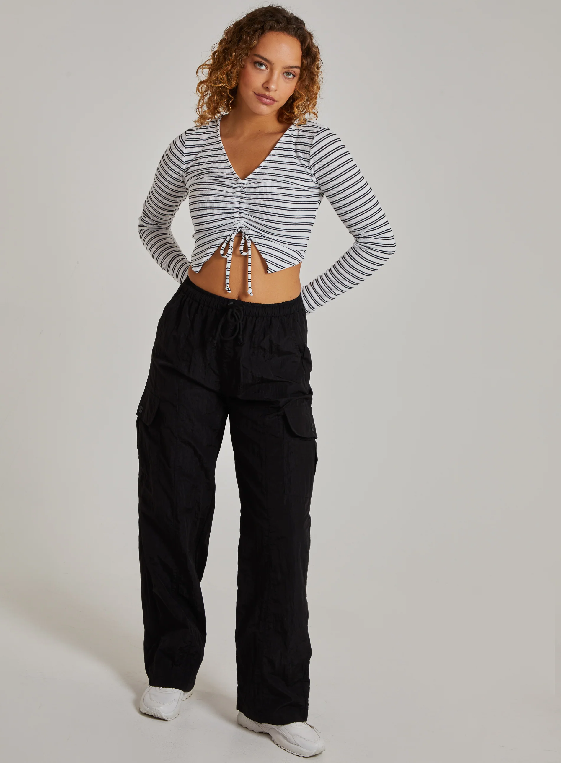 Striped Tie Front Ribbed Crop Top - Image 2