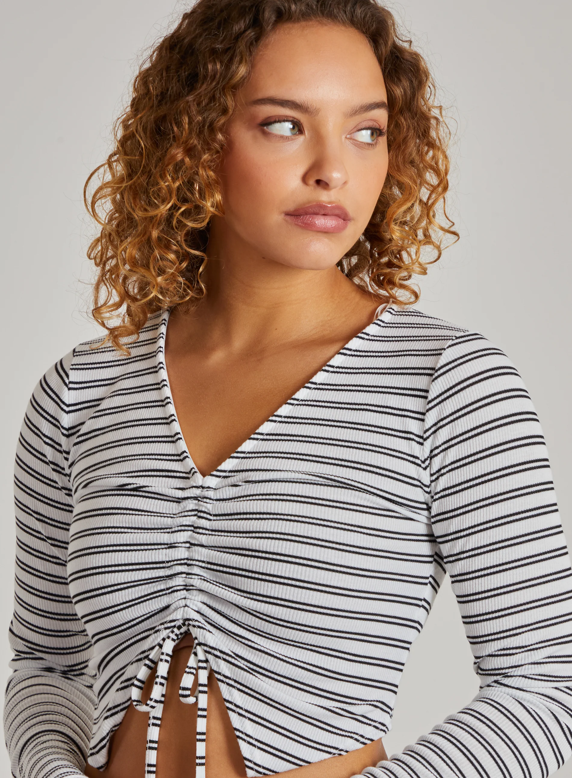 Striped Tie Front Ribbed Crop Top - Image 3