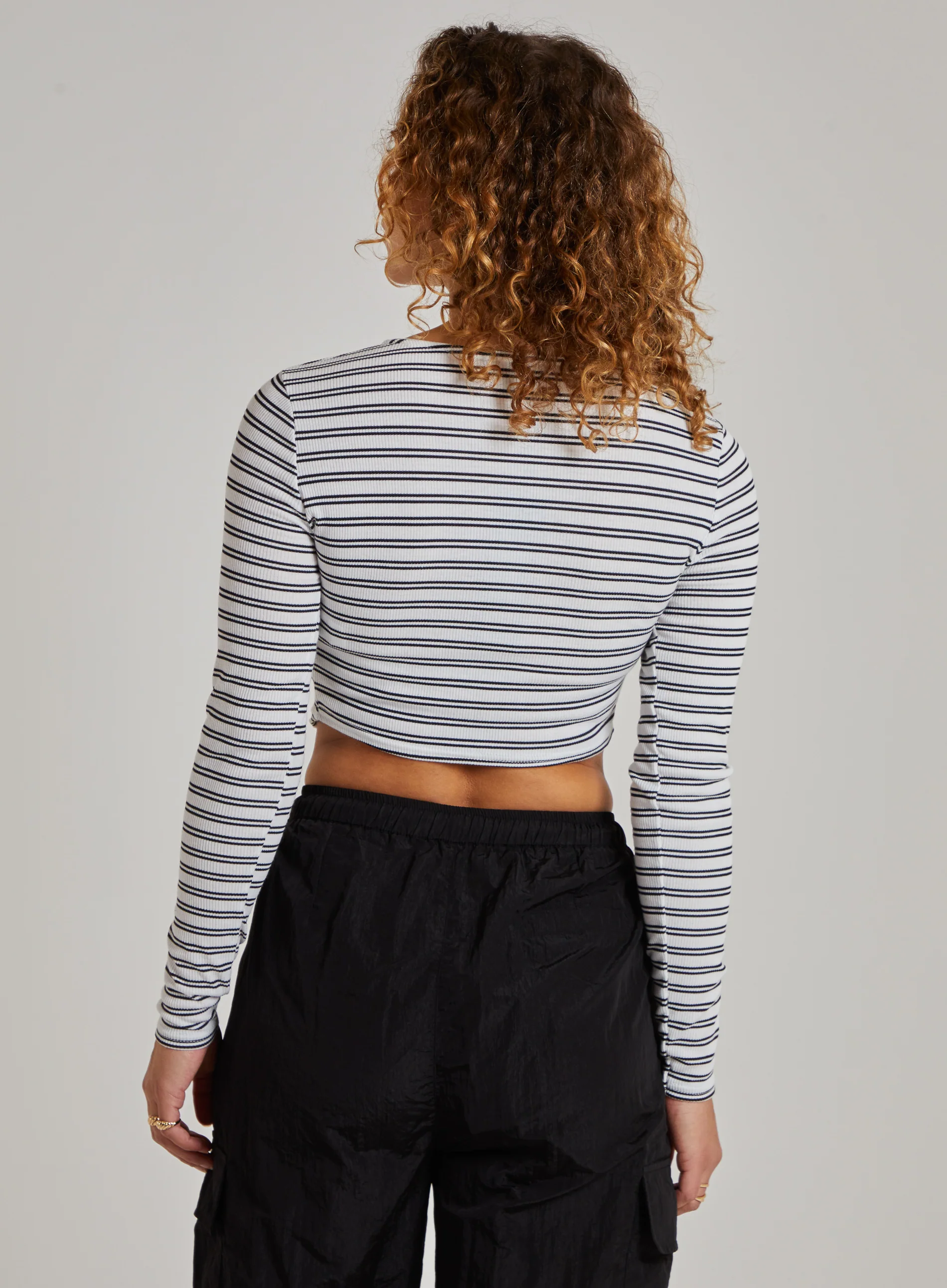 Striped Tie Front Ribbed Crop Top - Image 4