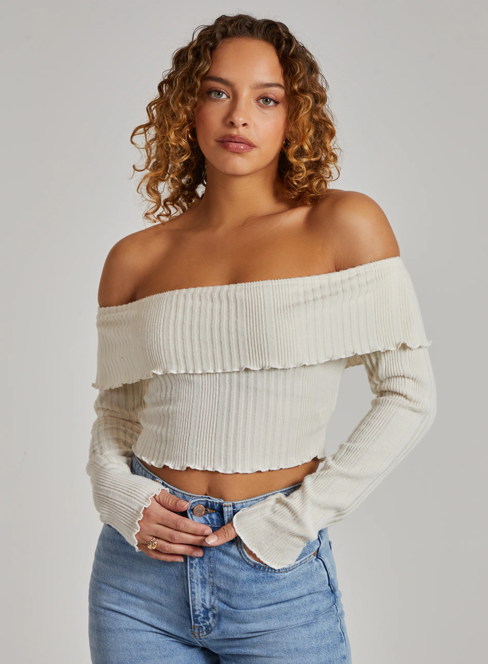 Wide Brushed Ribbed Bardot Top