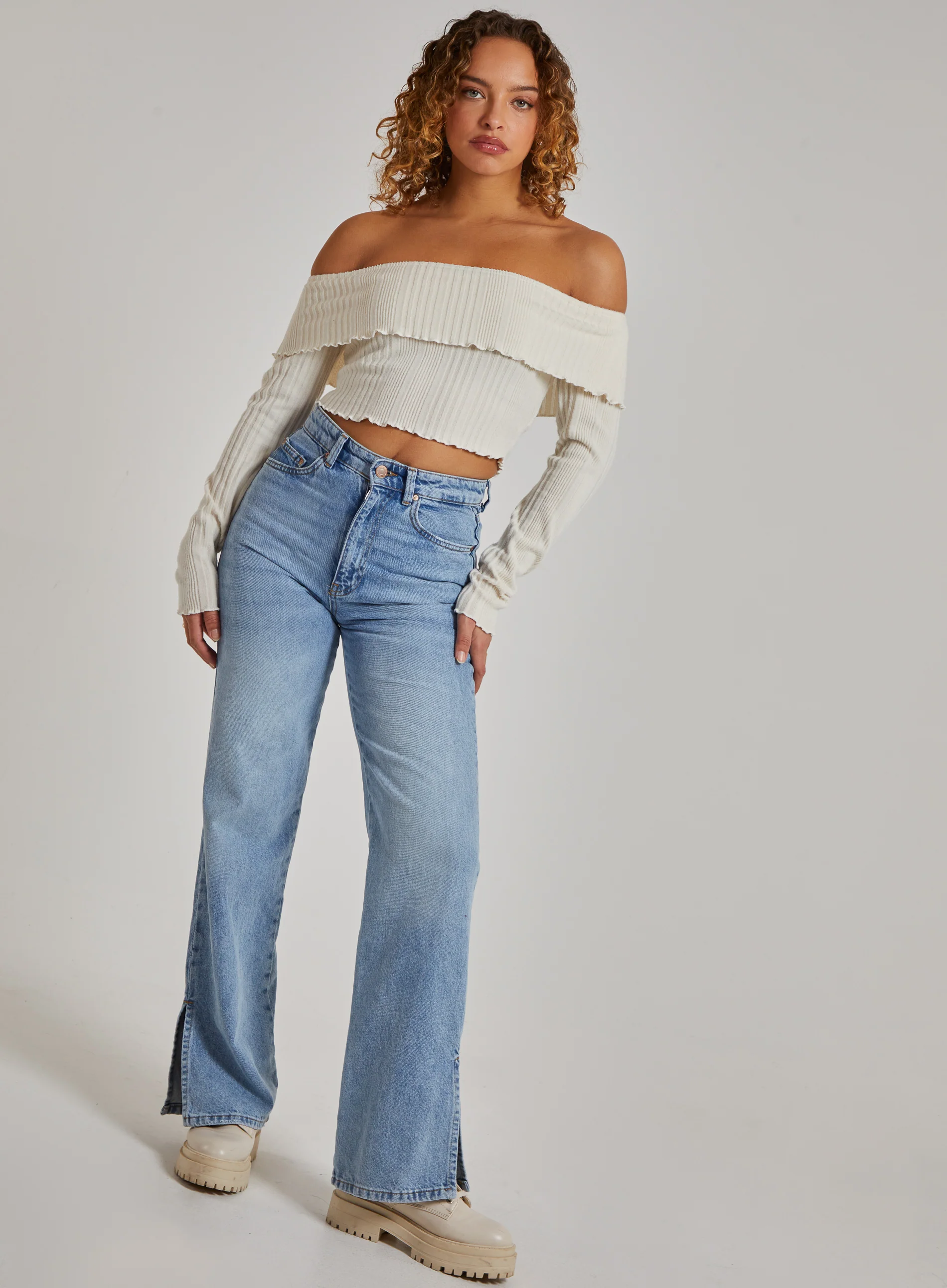 Wide Brushed Ribbed Bardot Top - Image 2