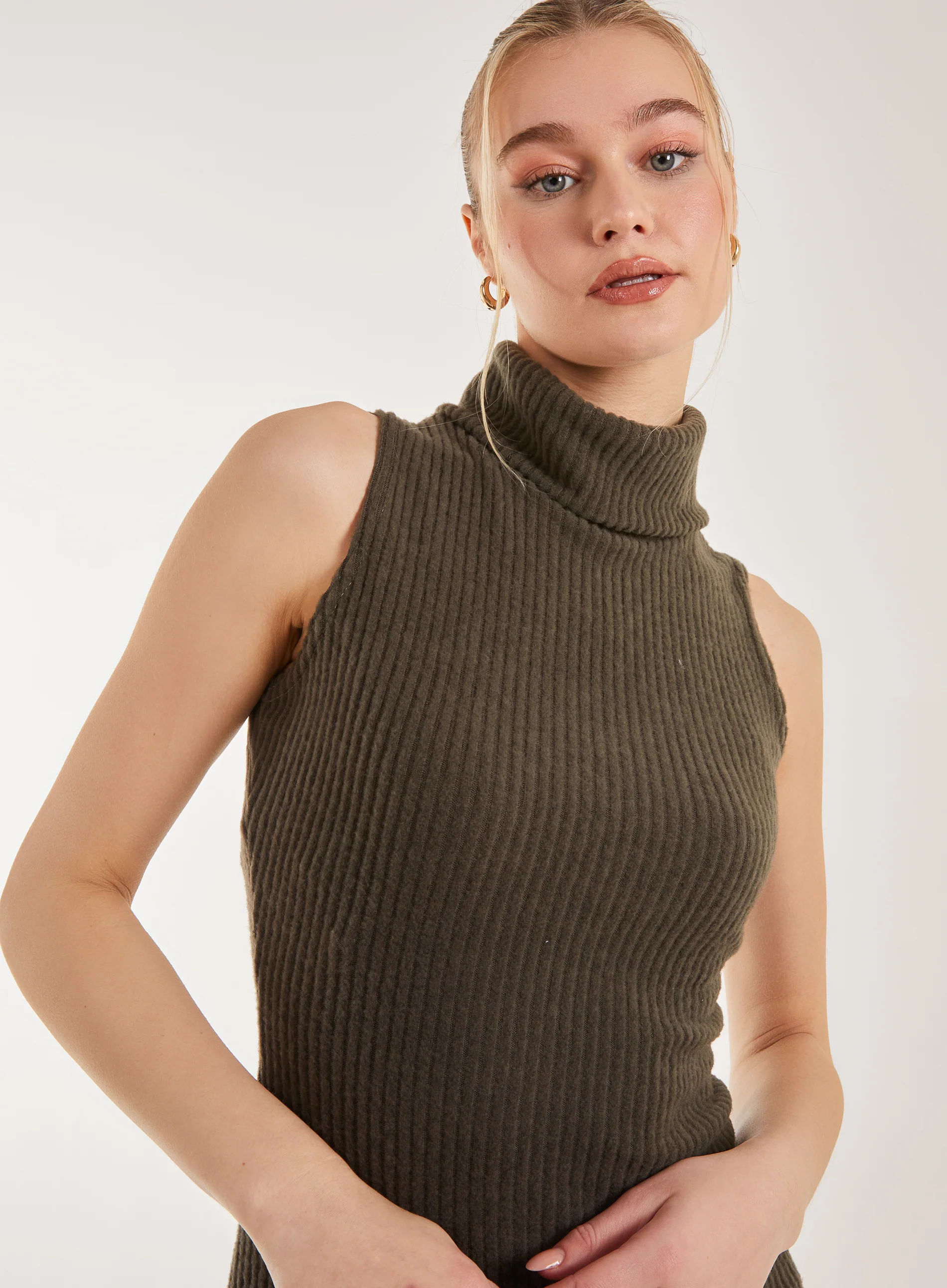 Brushed Sleeveless Polo Neck Mini Dress - Image 3