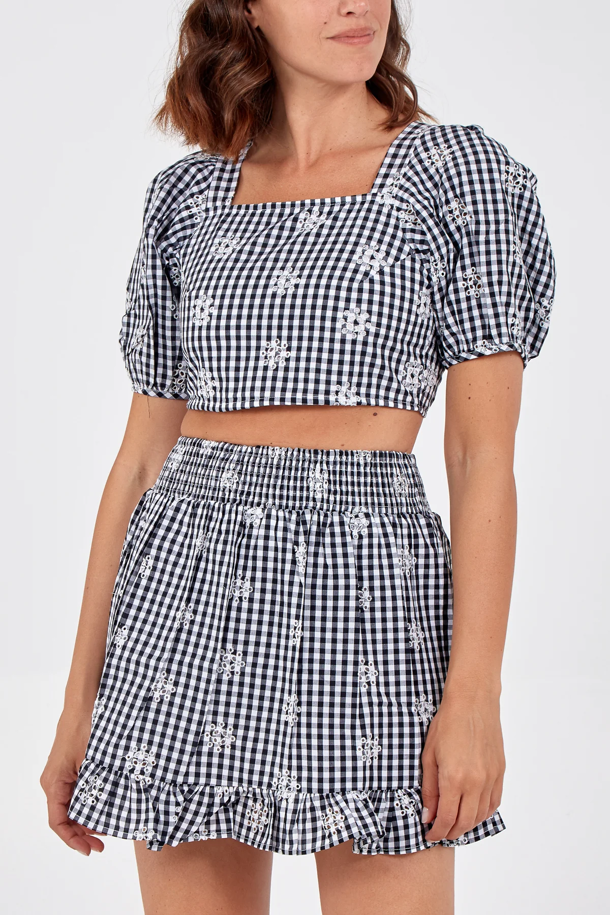 Lace Back Gingham Crop Top & Mini Skirt Set